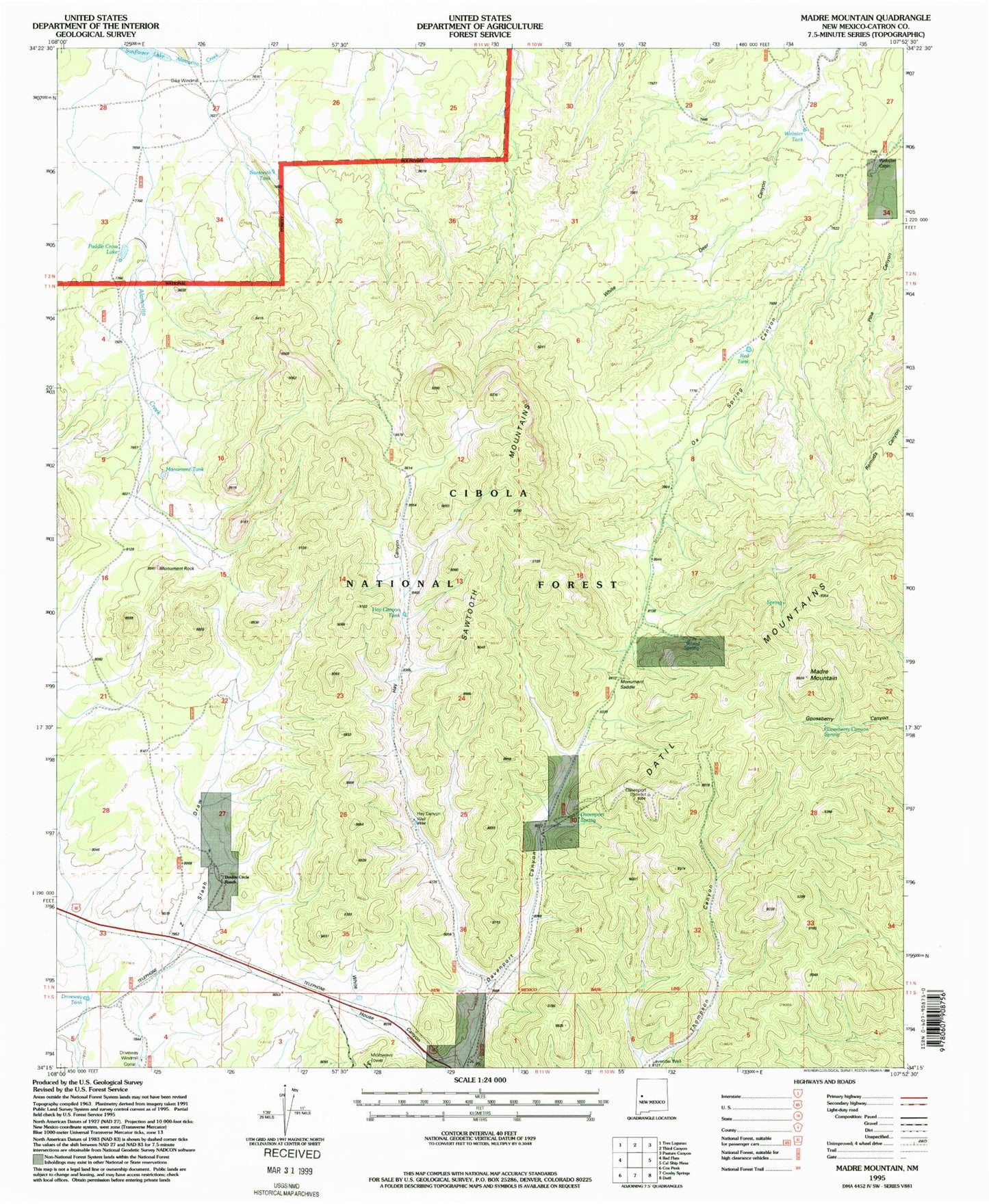 Classic USGS Madre Mountain New Mexico 7.5'x7.5' Topo Map Image