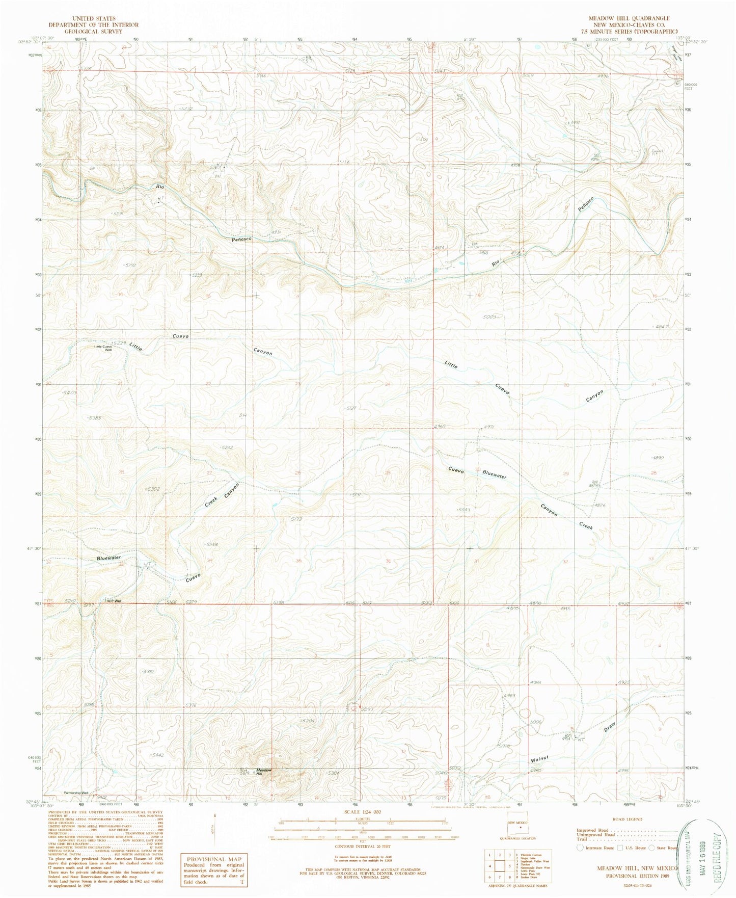 Classic USGS Meadow Hill New Mexico 7.5'x7.5' Topo Map Image
