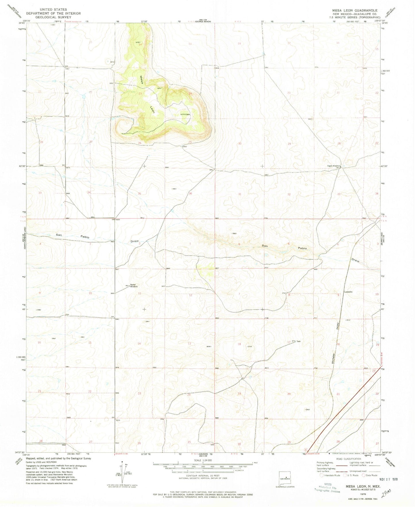 Classic USGS Mesa Leon New Mexico 7.5'x7.5' Topo Map Image