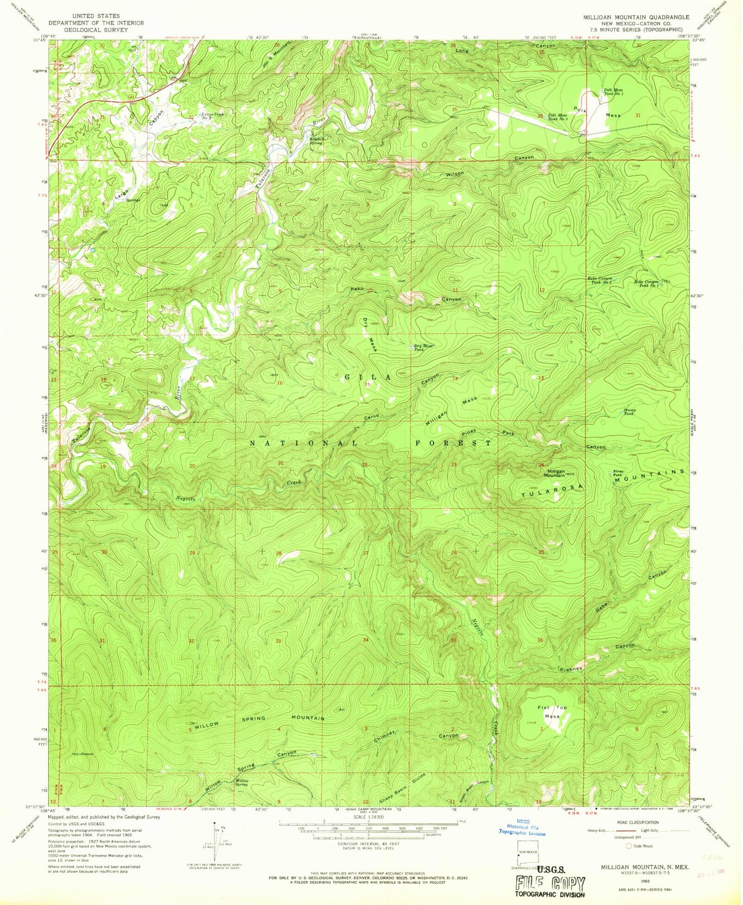 Classic USGS Milligan Mountain New Mexico 7.5'x7.5' Topo Map Image
