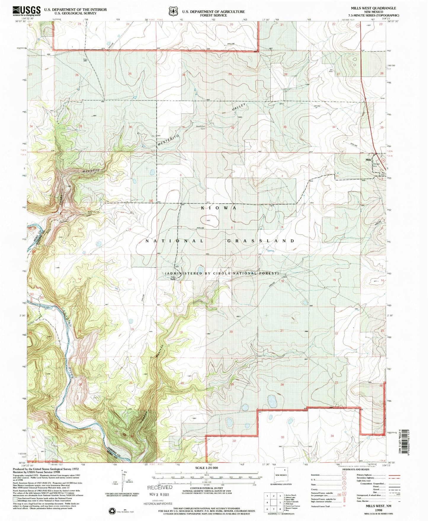 Classic USGS Mills West New Mexico 7.5'x7.5' Topo Map Image