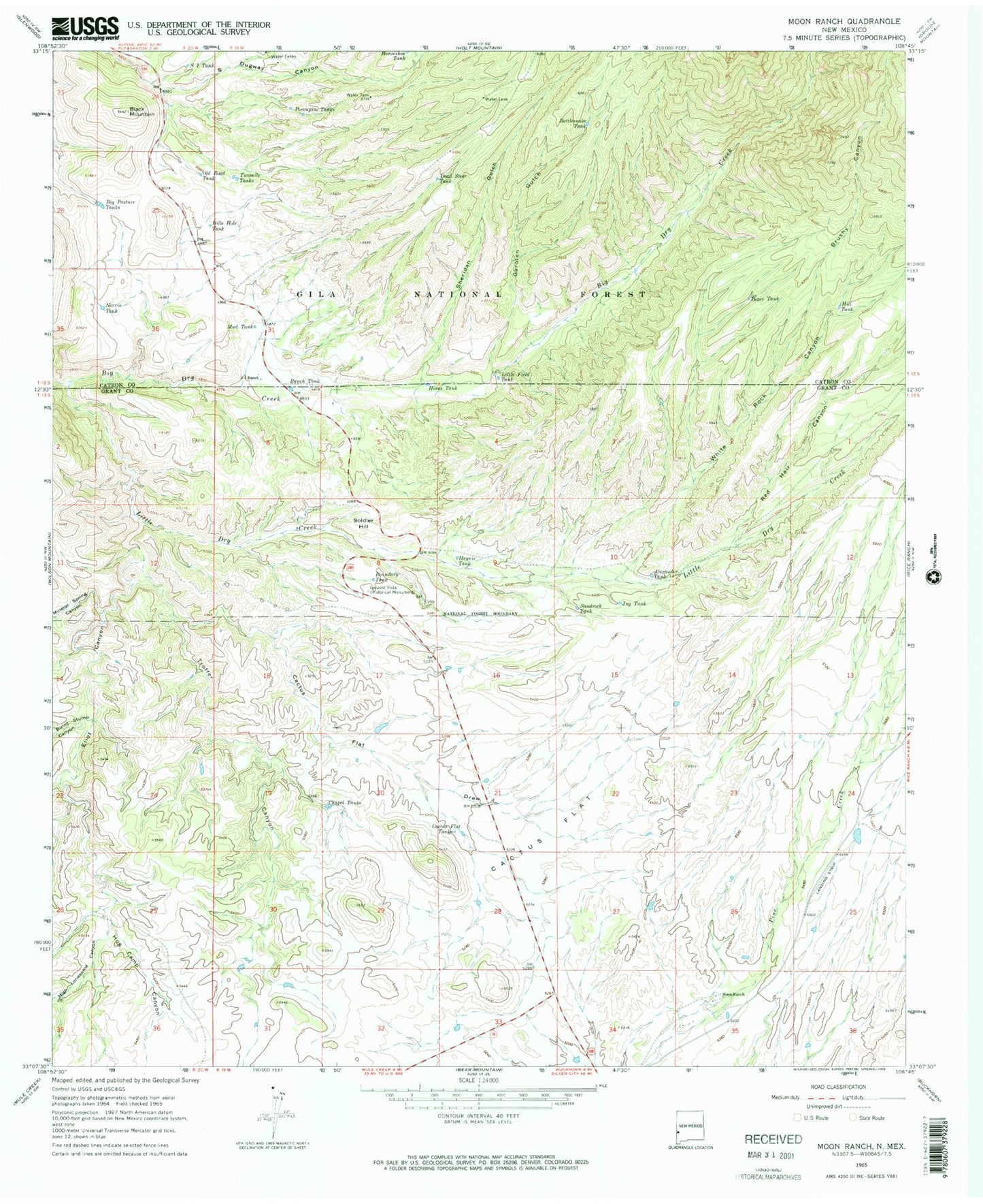 Classic USGS Moon Ranch New Mexico 7.5'x7.5' Topo Map Image