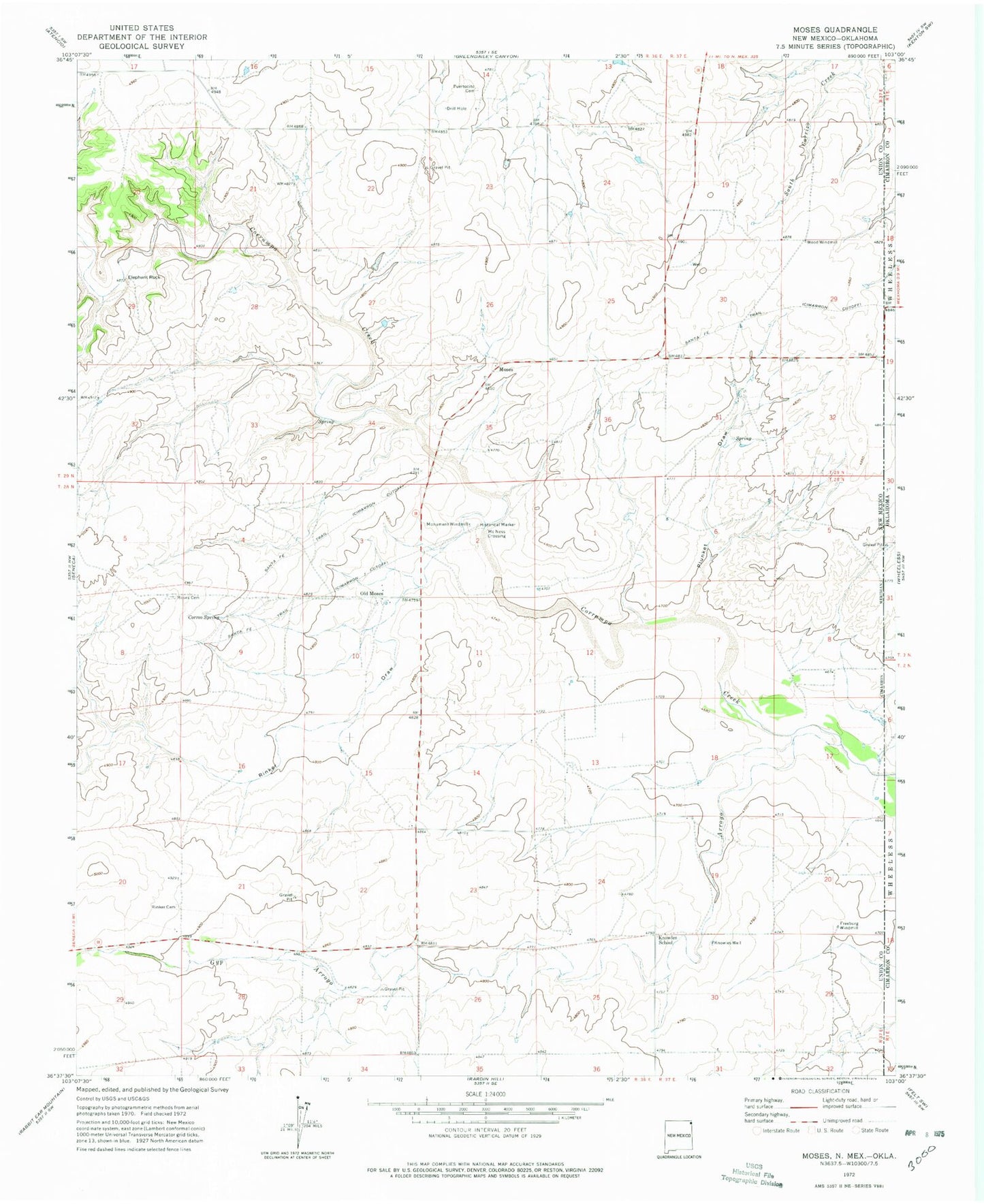 Classic USGS Moses New Mexico 7.5'x7.5' Topo Map Image