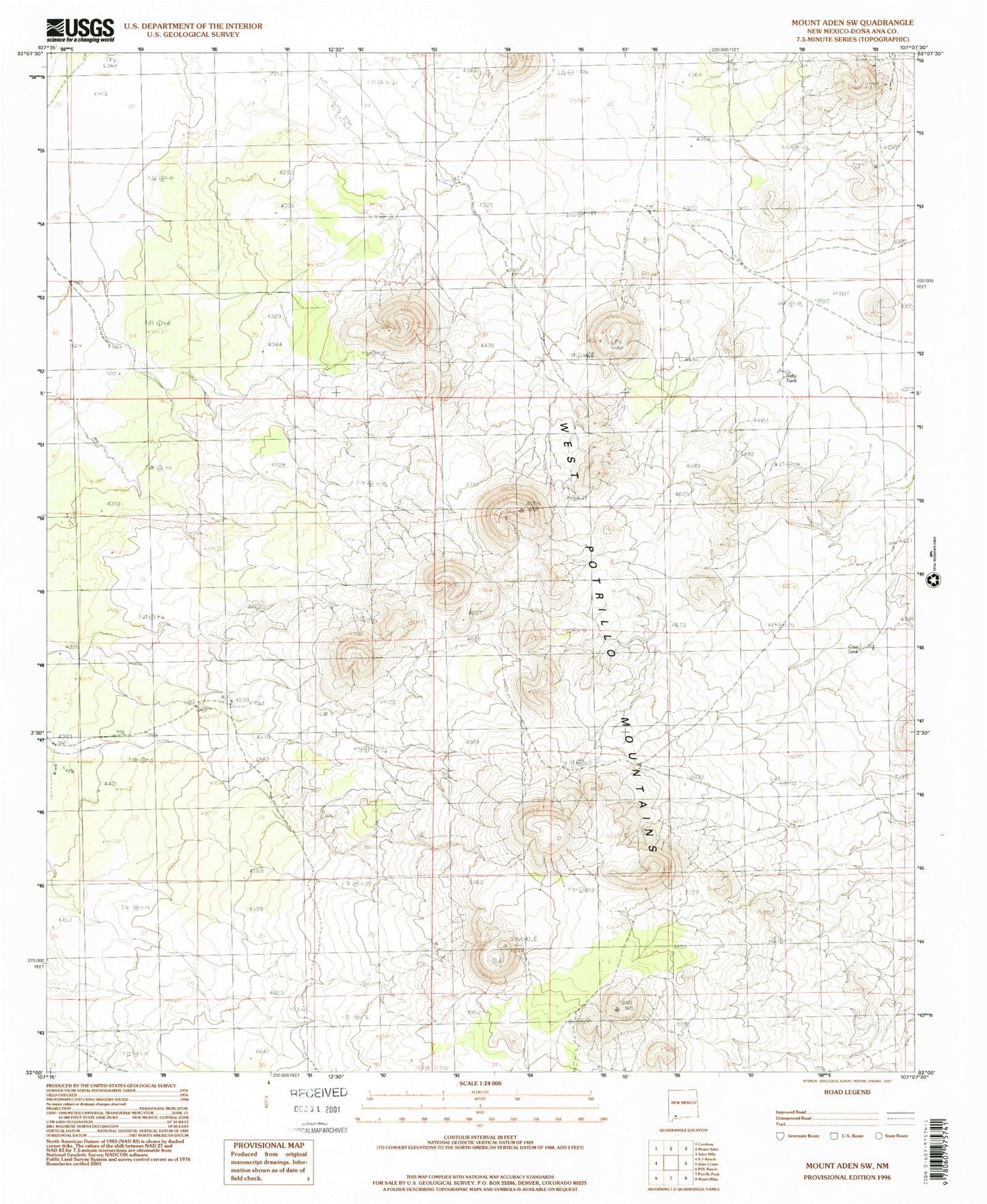 Classic USGS Mount Aden SW New Mexico 7.5'x7.5' Topo Map Image