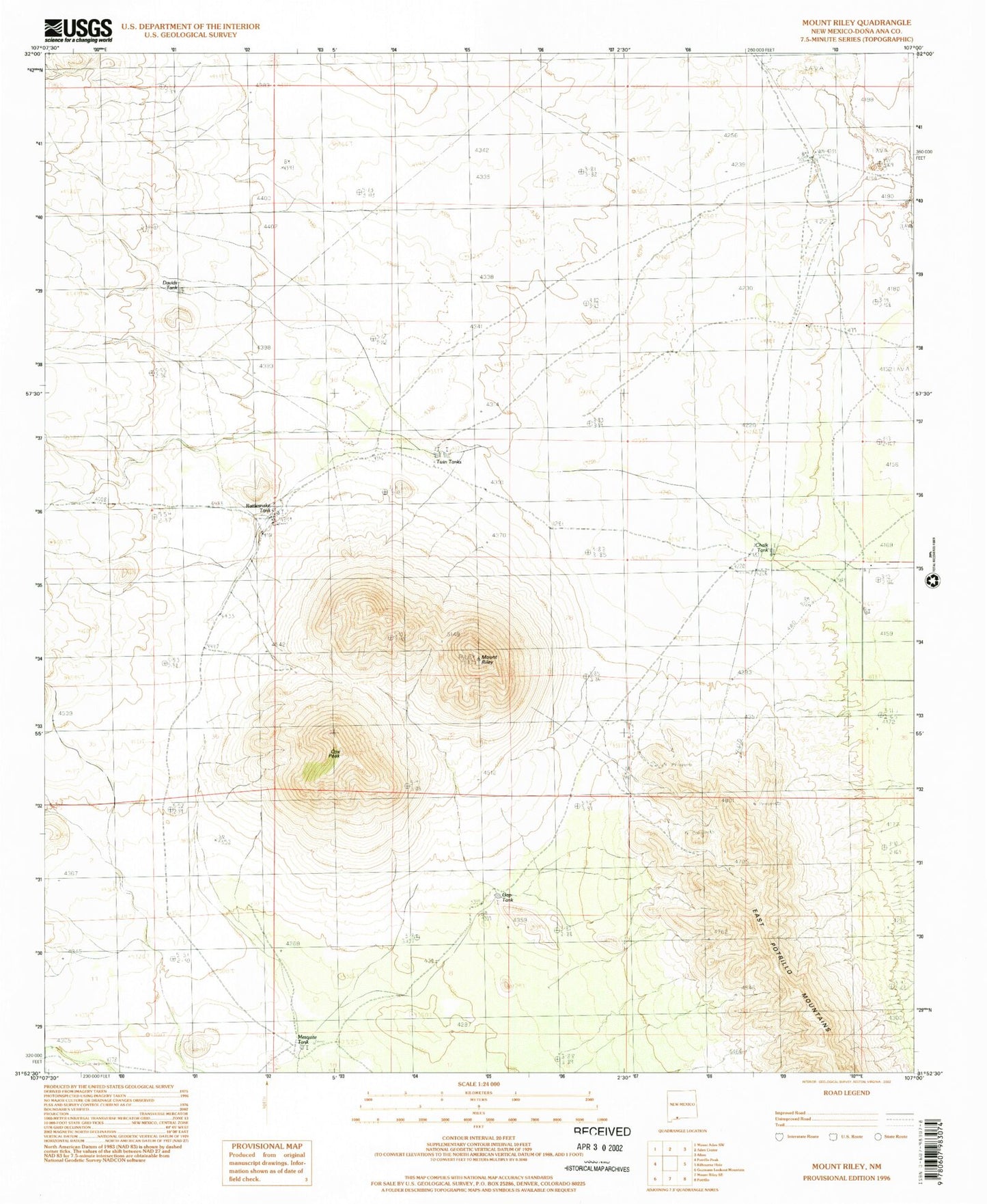 Classic USGS Mount Riley New Mexico 7.5'x7.5' Topo Map Image