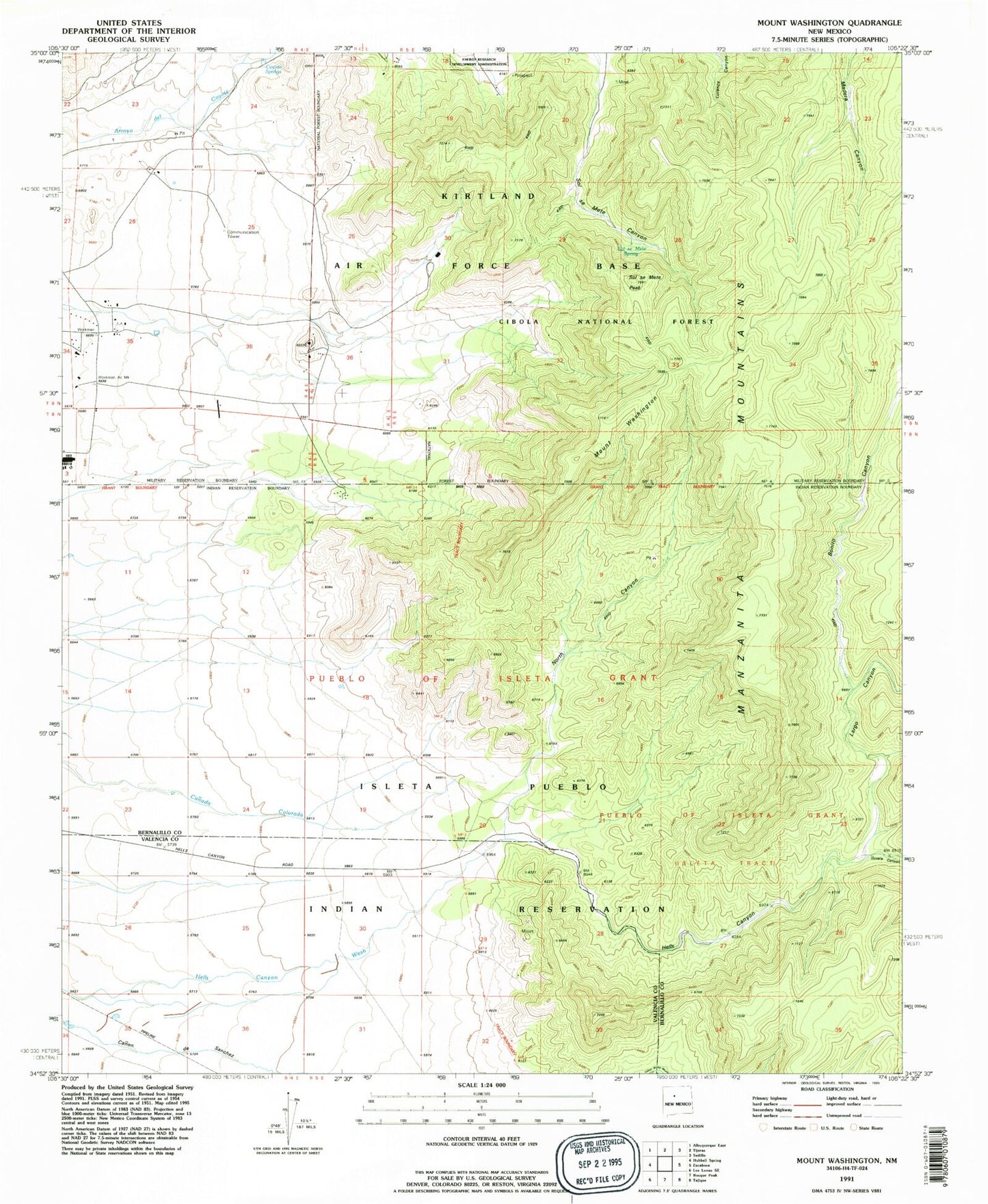 Classic USGS Mount Washington New Mexico 7.5'x7.5' Topo Map Image