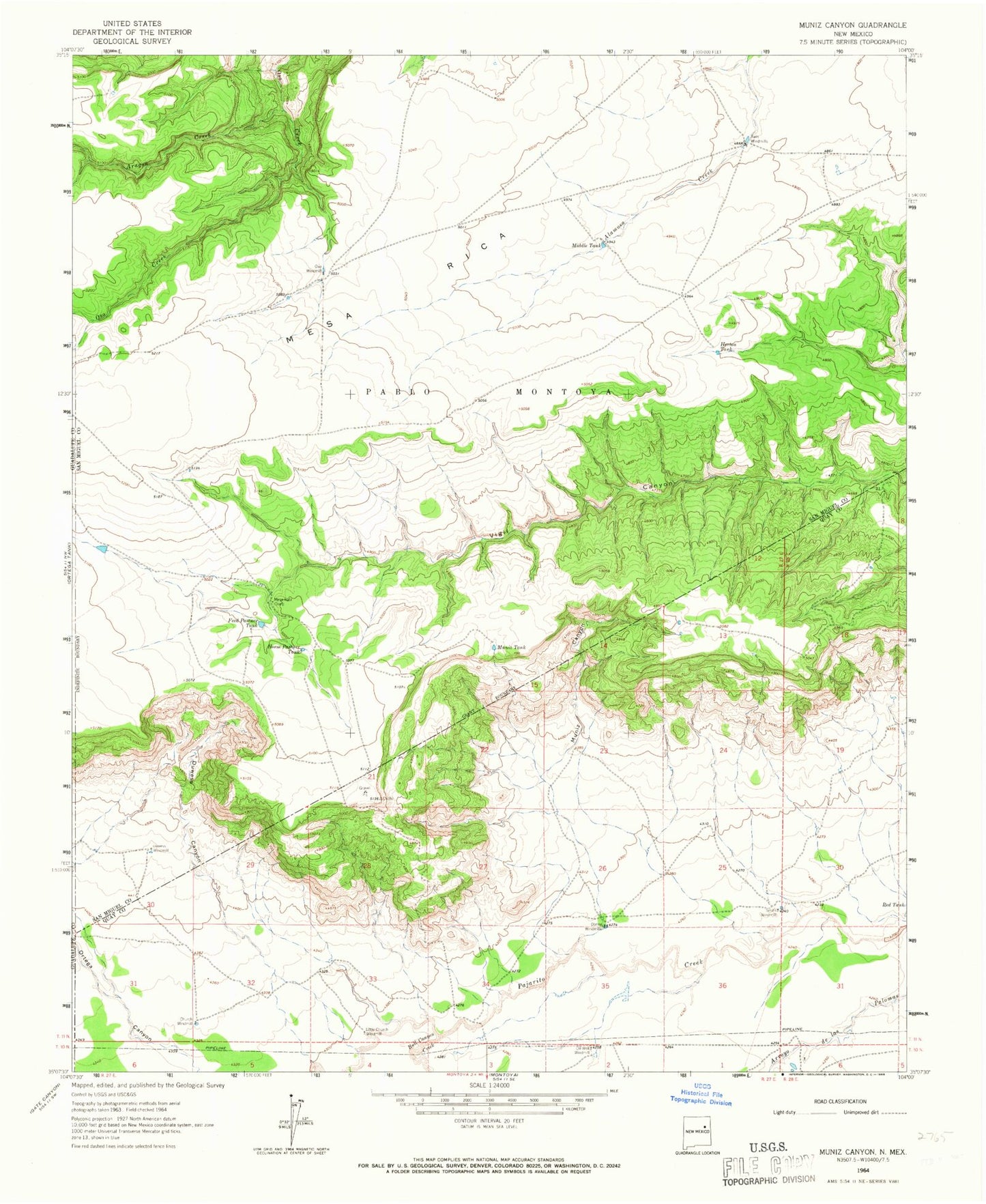 Classic USGS Muniz Canyon New Mexico 7.5'x7.5' Topo Map Image