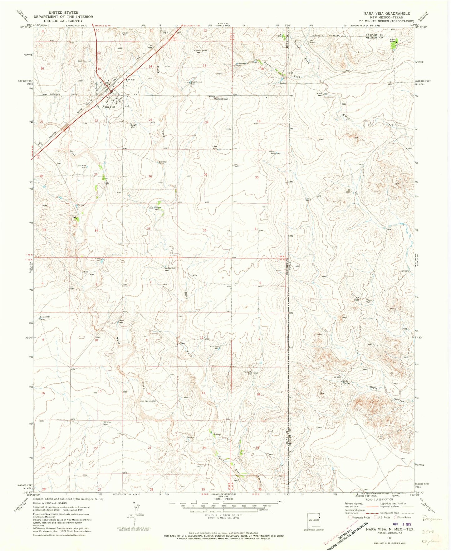 Classic USGS Nara Visa New Mexico 7.5'x7.5' Topo Map Image