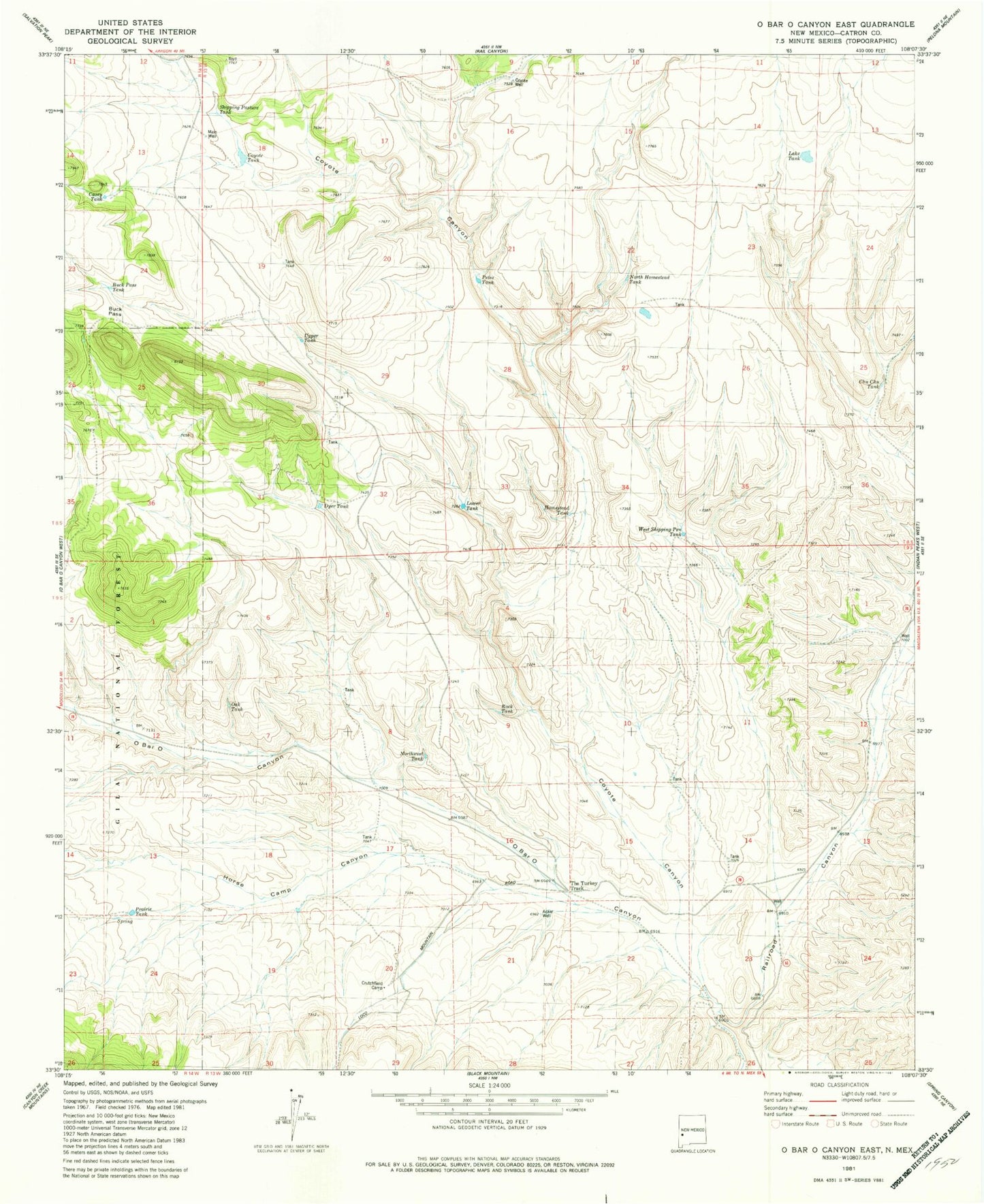 Classic USGS O Bar O Canyon East New Mexico 7.5'x7.5' Topo Map Image