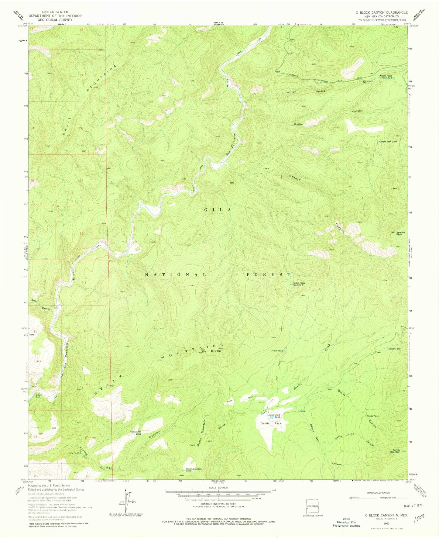 Classic USGS O Block Canyon New Mexico 7.5'x7.5' Topo Map Image