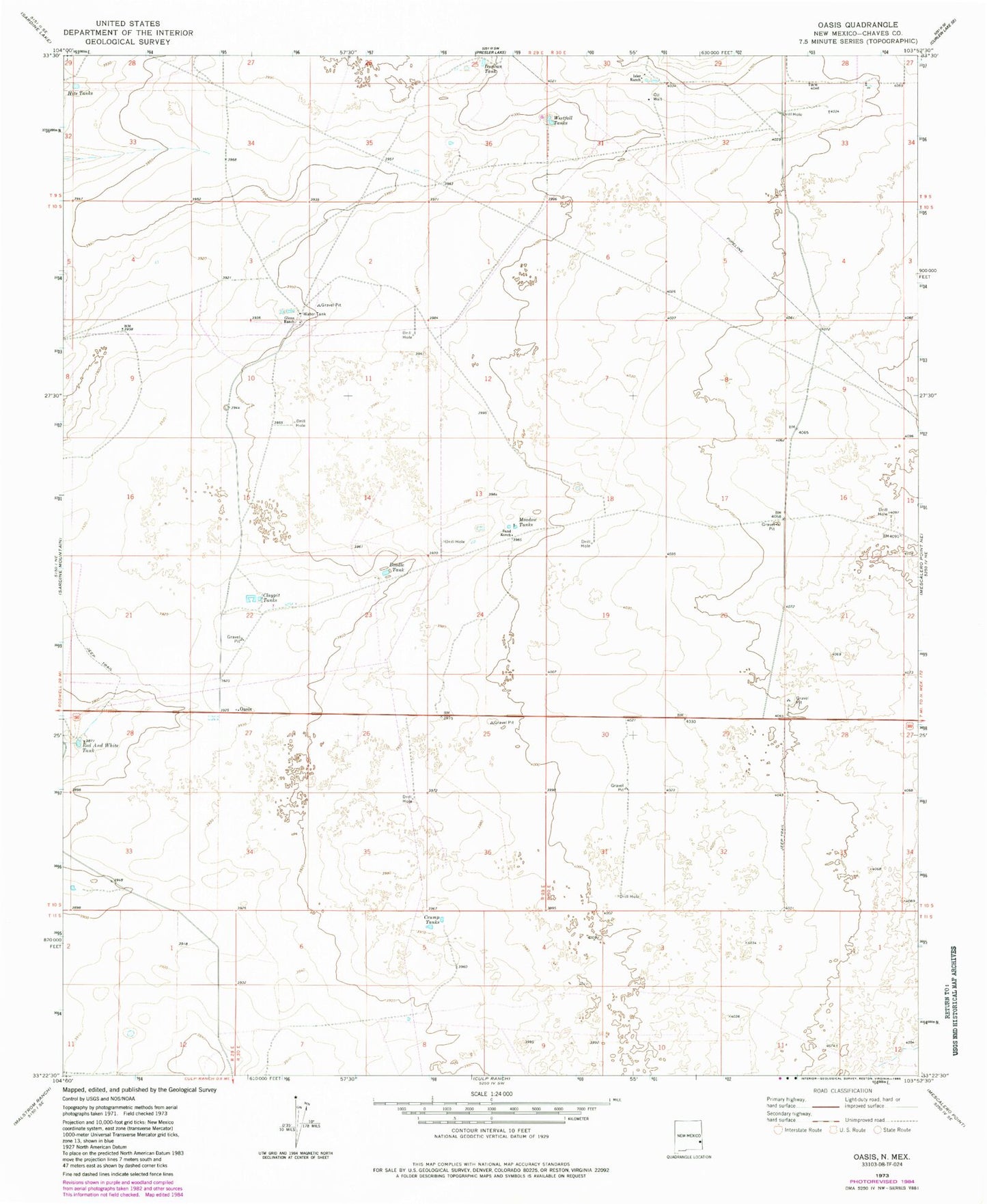 Classic USGS Oasis New Mexico 7.5'x7.5' Topo Map Image