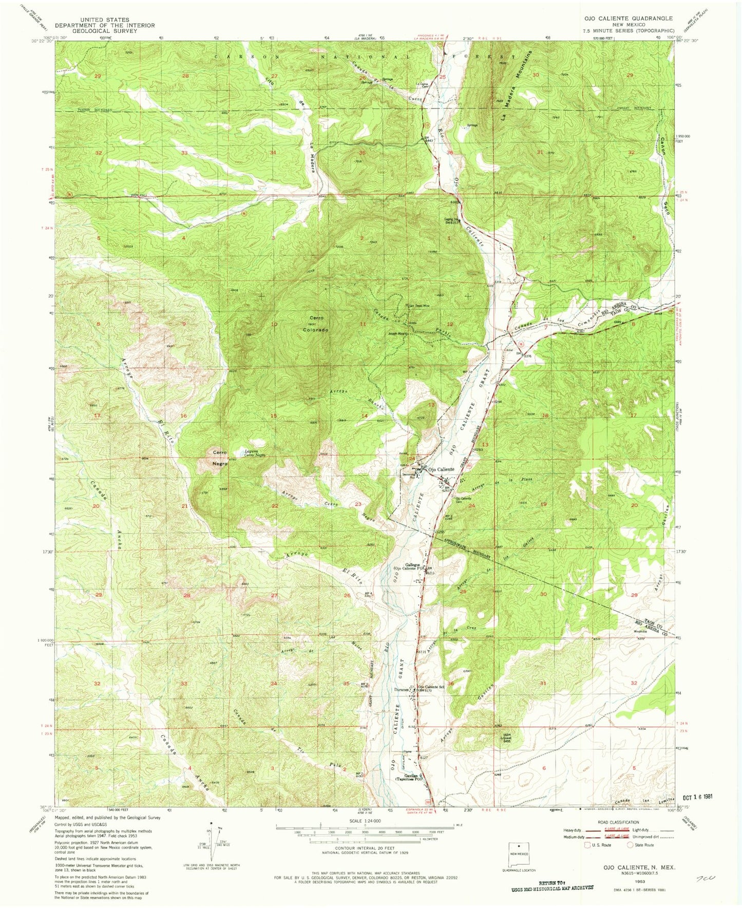 Classic USGS Ojo Caliente New Mexico 7.5'x7.5' Topo Map Image
