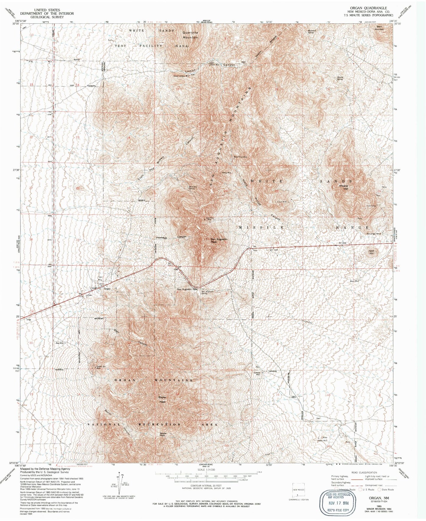 Classic USGS Organ New Mexico 7.5'x7.5' Topo Map Image