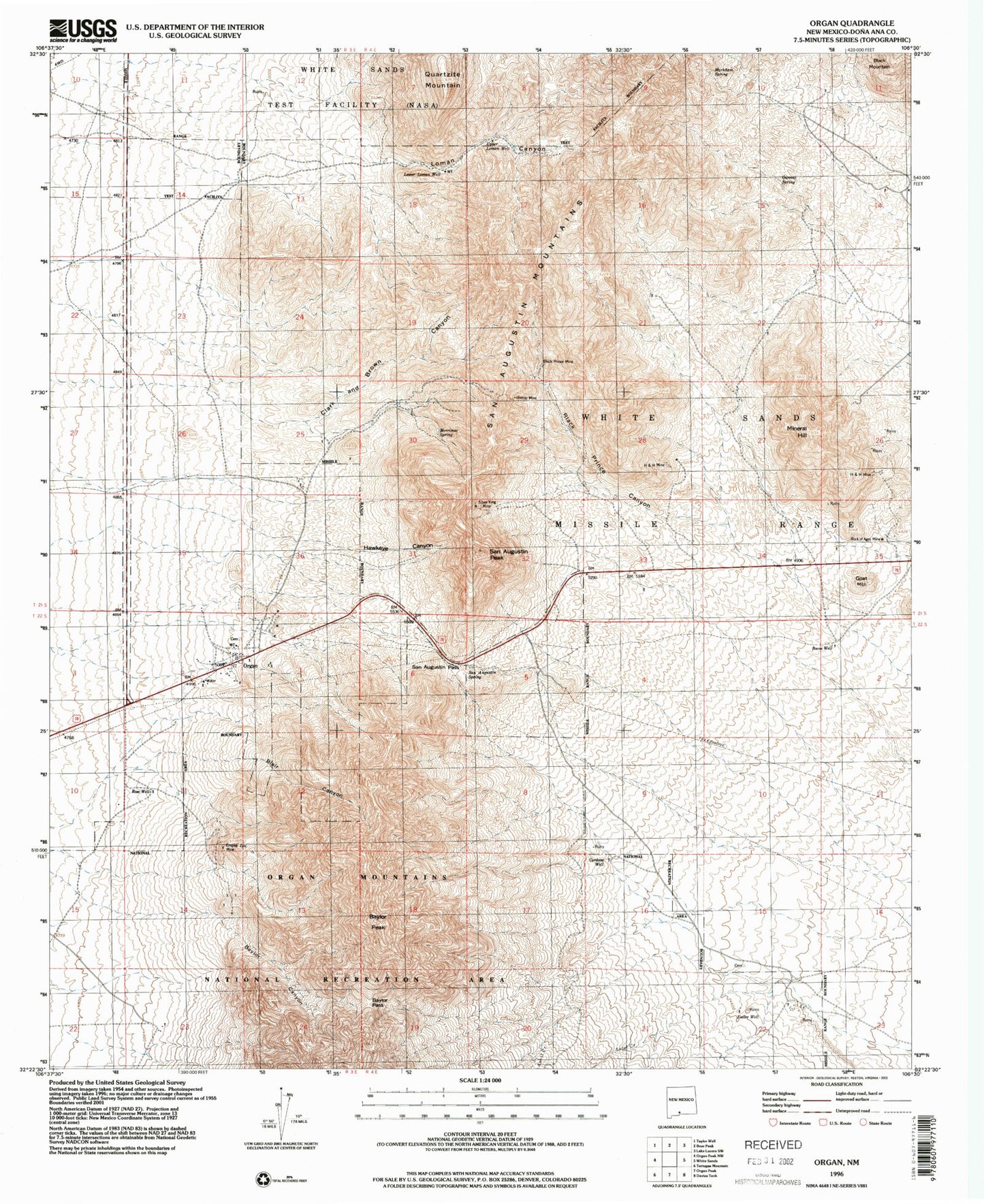 Classic USGS Organ New Mexico 7.5'x7.5' Topo Map Image