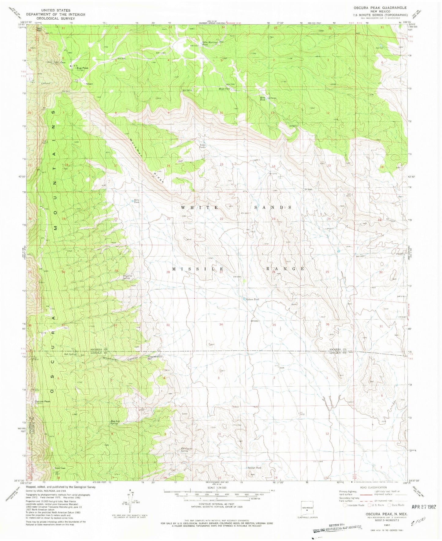 Classic USGS Oscura Peak New Mexico 7.5'x7.5' Topo Map Image