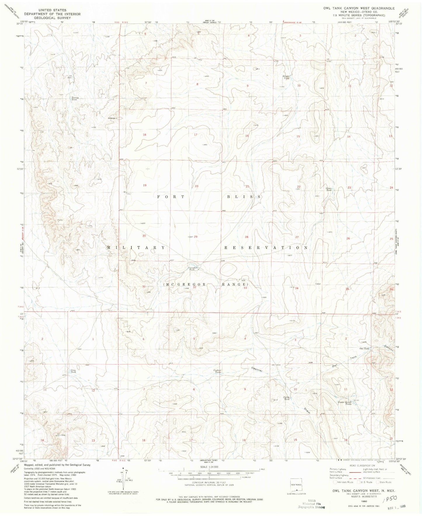 Classic USGS Owl Tank Canyon West New Mexico 7.5'x7.5' Topo Map Image