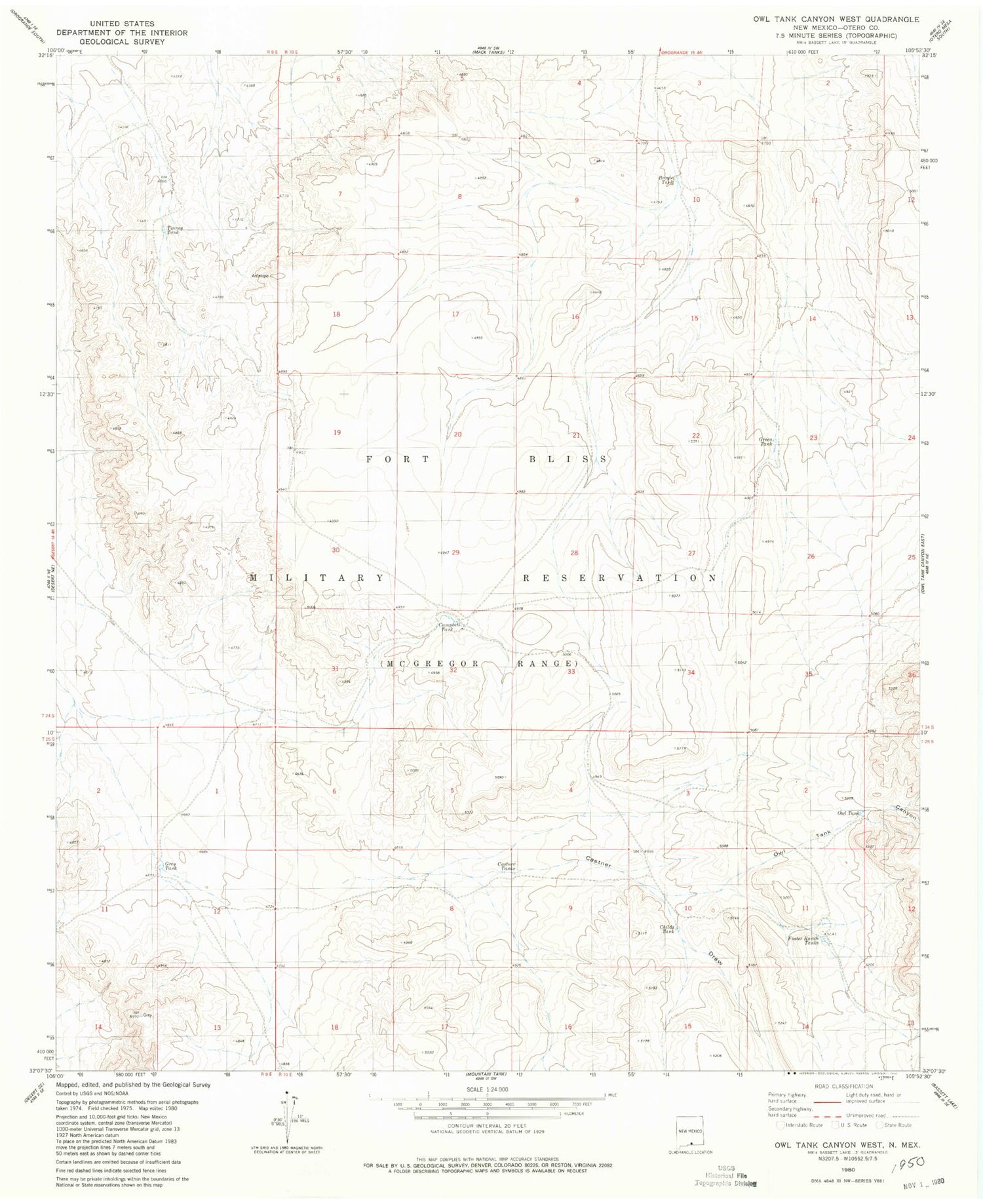 Classic USGS Owl Tank Canyon West New Mexico 7.5'x7.5' Topo Map Image