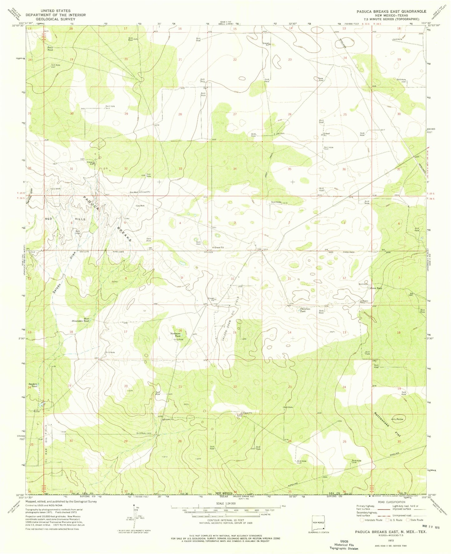 Classic USGS Paduca Breaks East New Mexico 7.5'x7.5' Topo Map Image