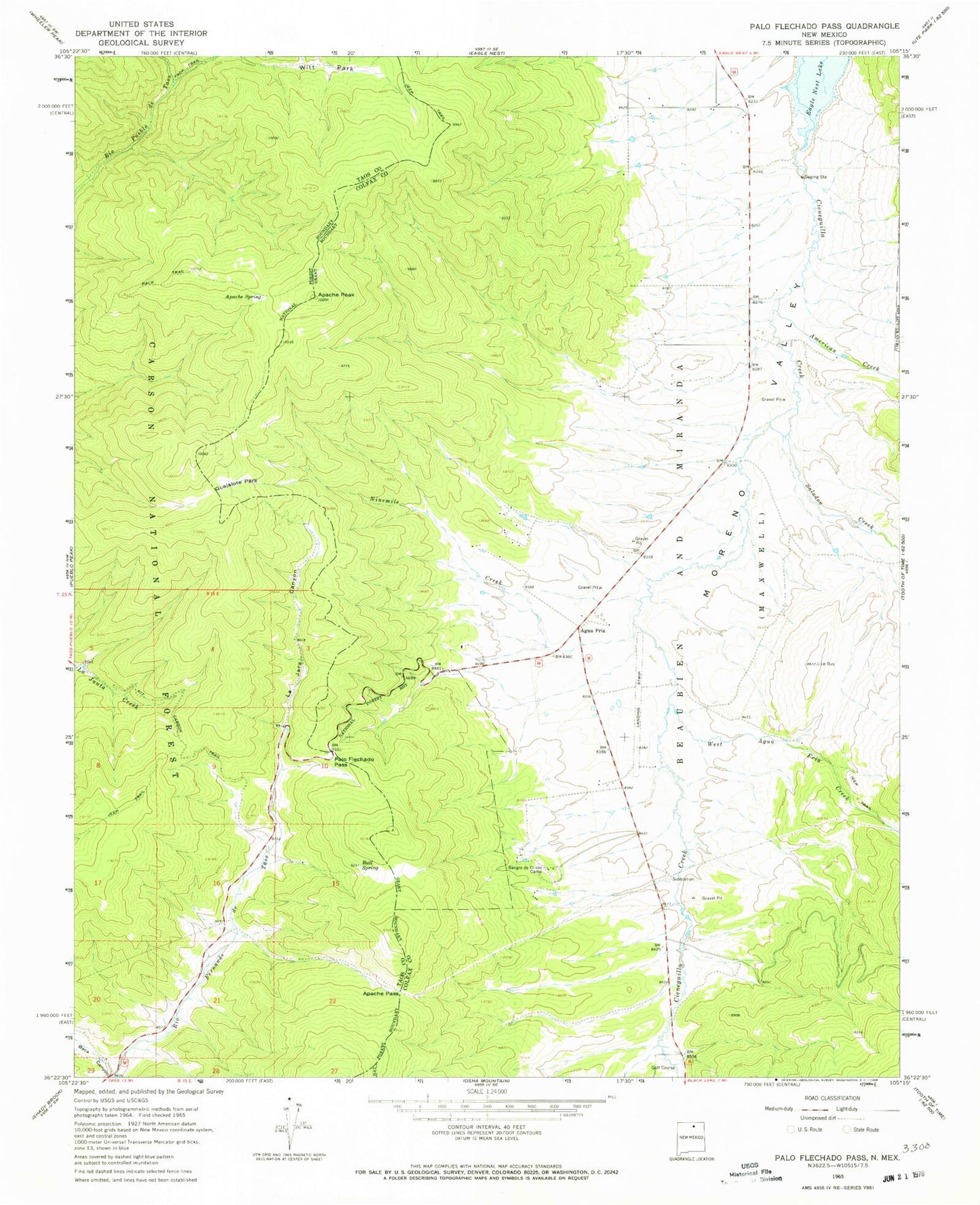 Classic USGS Palo Flechado Pass New Mexico 7.5'x7.5' Topo Map Image