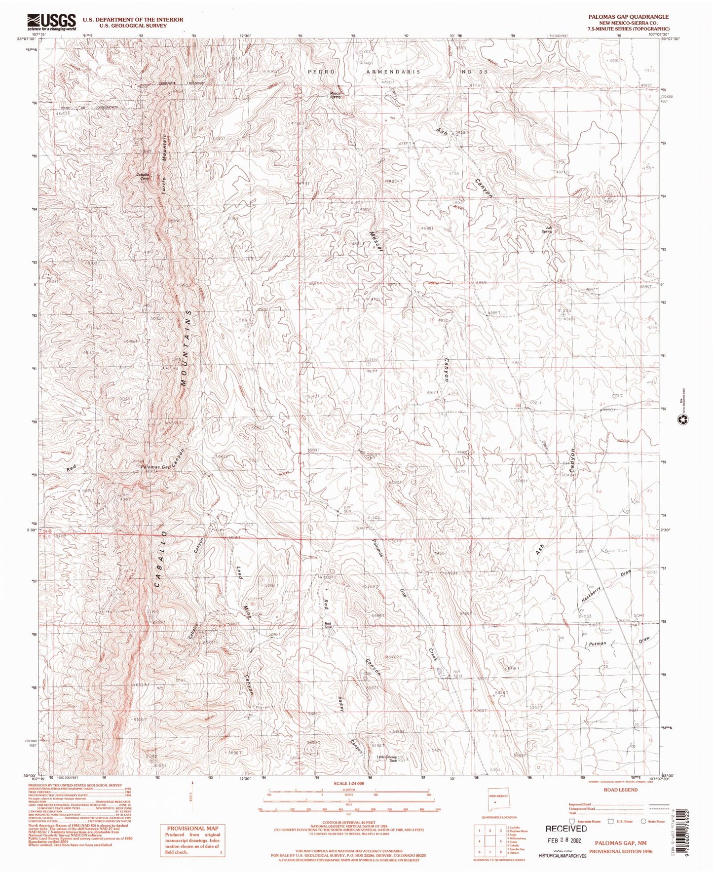 Classic USGS Palomas Gap New Mexico 7.5'x7.5' Topo Map Image