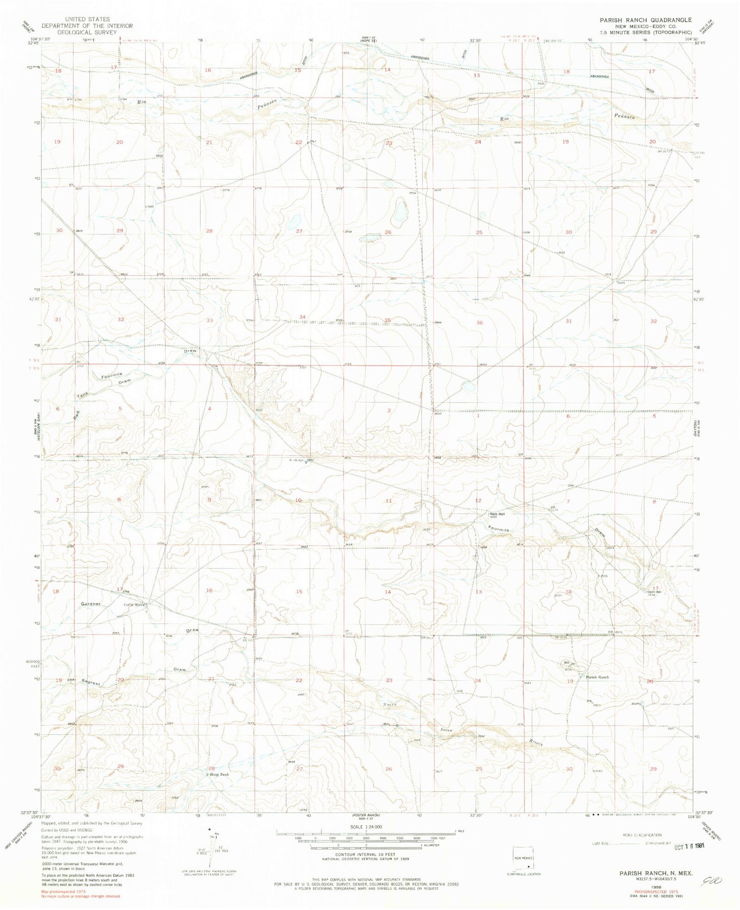 Classic USGS Parish Ranch New Mexico 7.5'x7.5' Topo Map Image