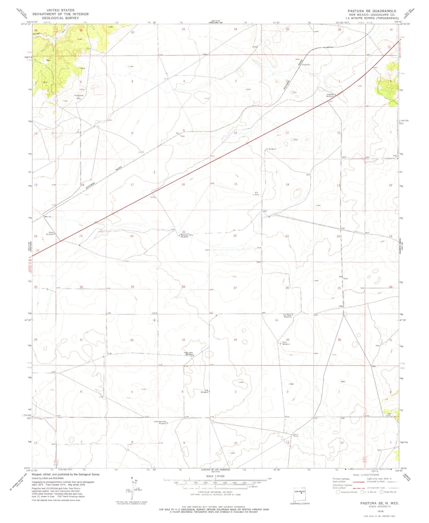 Classic USGS Pastura SE New Mexico 7.5'x7.5' Topo Map Image