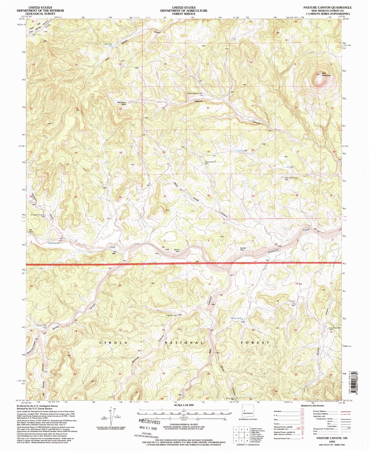 Classic USGS Pasture Canyon New Mexico 7.5'x7.5' Topo Map Image