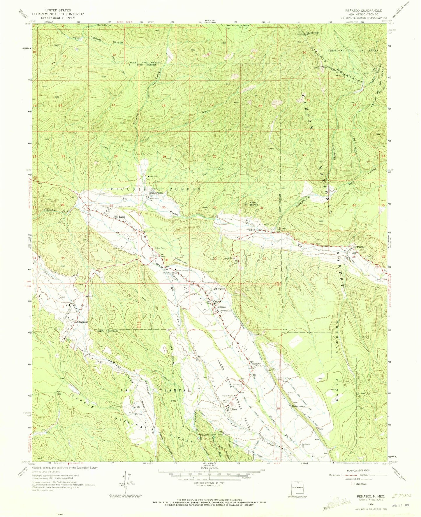 Classic USGS Penasco New Mexico 7.5'x7.5' Topo Map Image