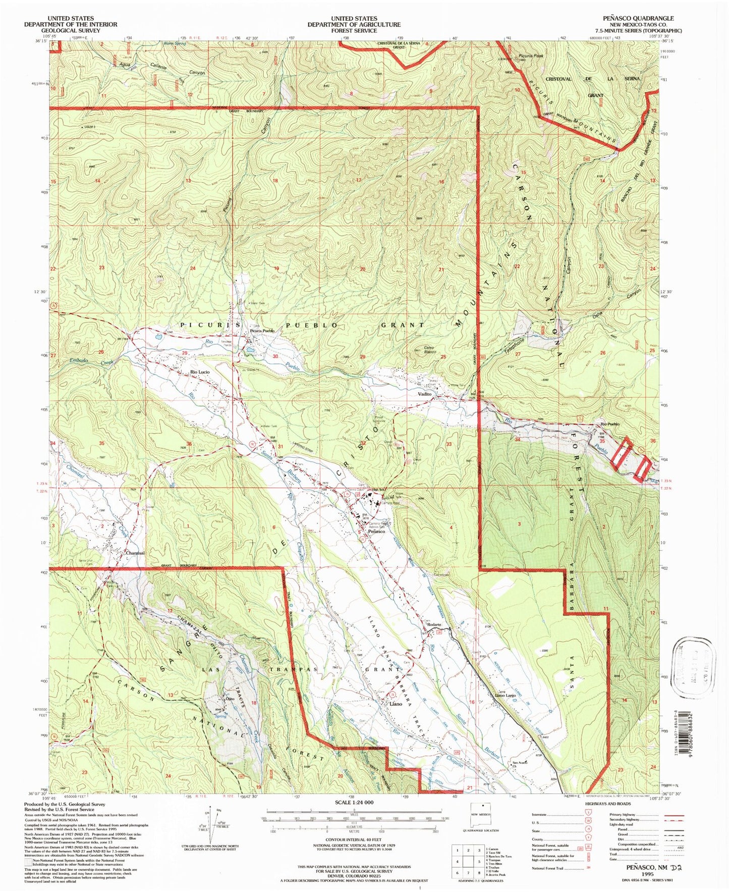 Classic USGS Penasco New Mexico 7.5'x7.5' Topo Map Image