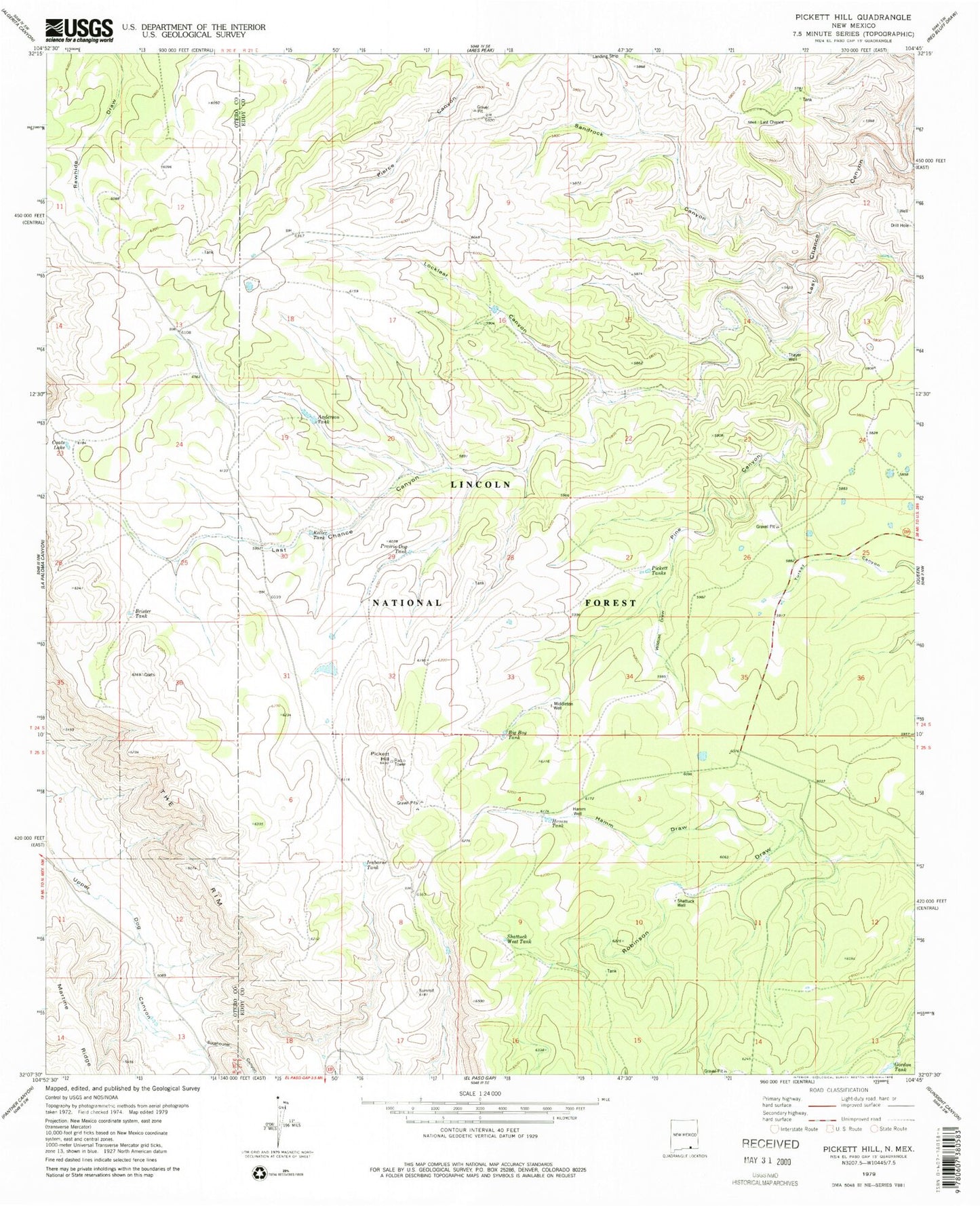 Classic USGS Pickett Hill New Mexico 7.5'x7.5' Topo Map Image