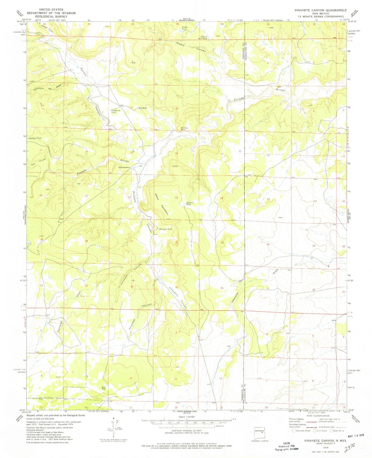 Classic USGS Pinavete Canyon New Mexico 7.5'x7.5' Topo Map Image