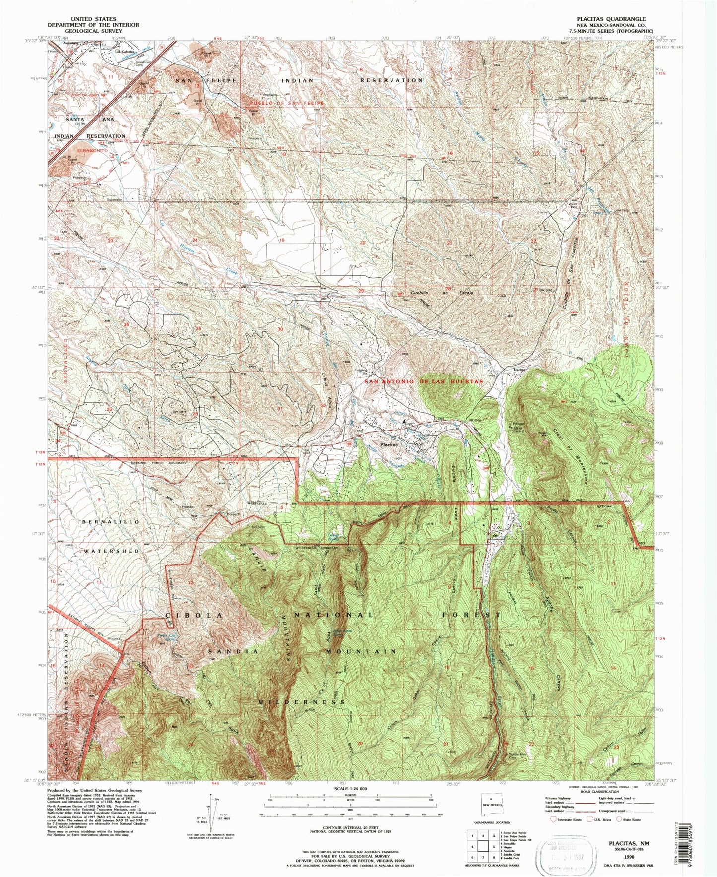 Classic USGS Placitas New Mexico 7.5'x7.5' Topo Map Image