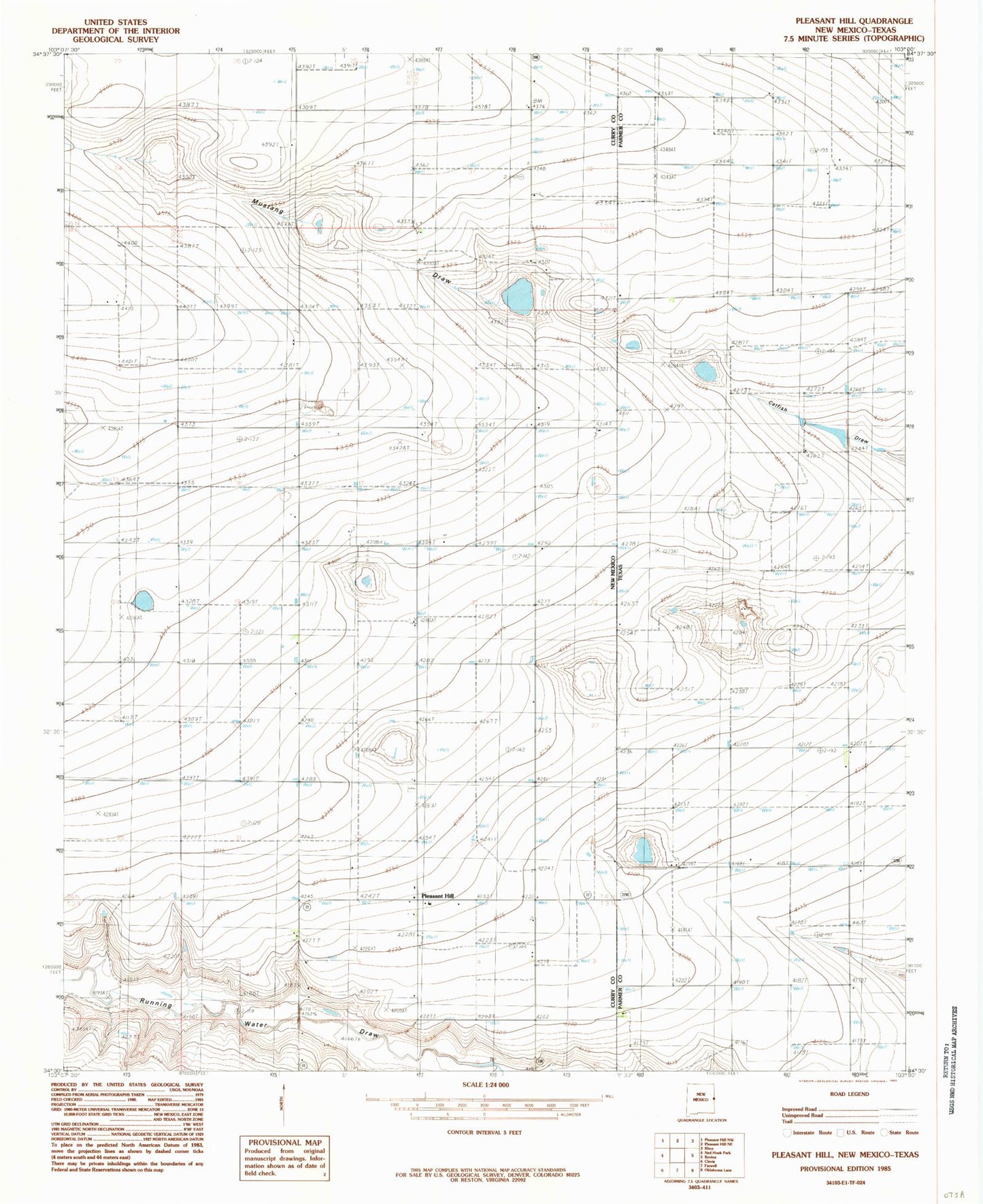 Classic USGS Pleasant Hill New Mexico 7.5'x7.5' Topo Map Image