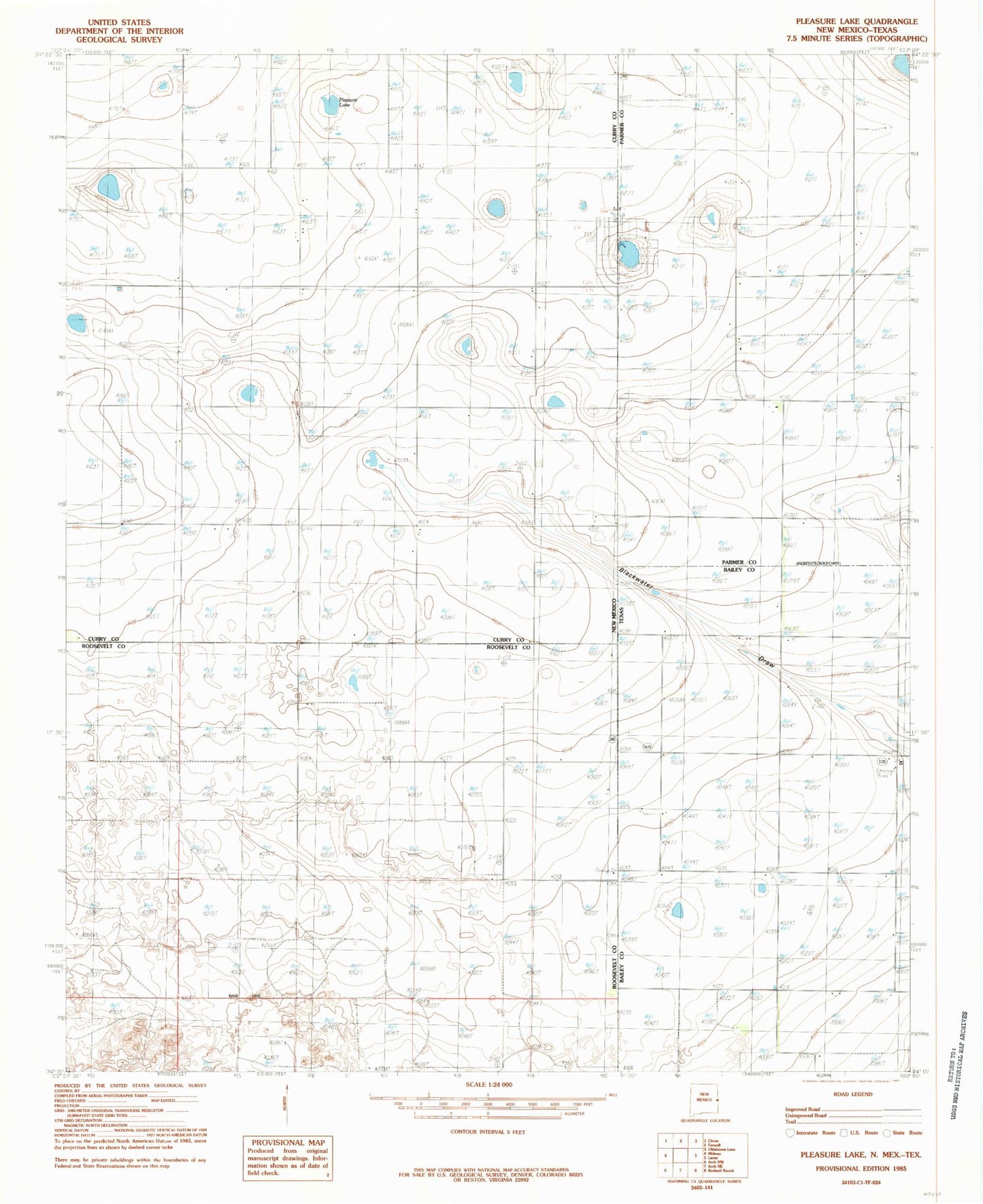 Classic USGS Pleasure Lake New Mexico 7.5'x7.5' Topo Map Image