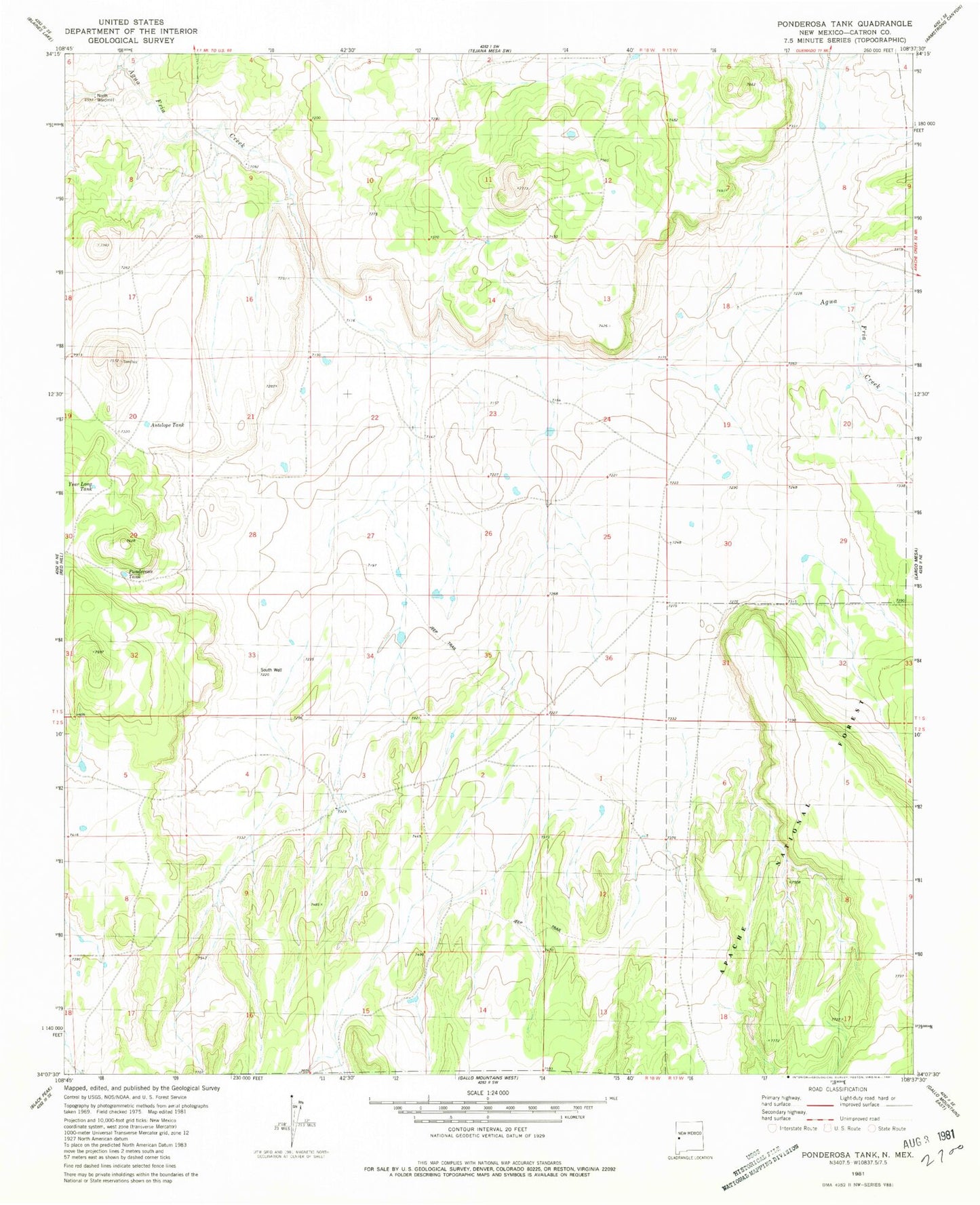 Classic USGS Ponderosa Tank New Mexico 7.5'x7.5' Topo Map Image