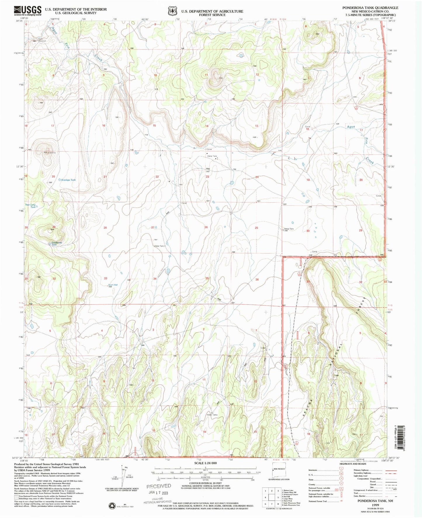 Classic USGS Ponderosa Tank New Mexico 7.5'x7.5' Topo Map Image