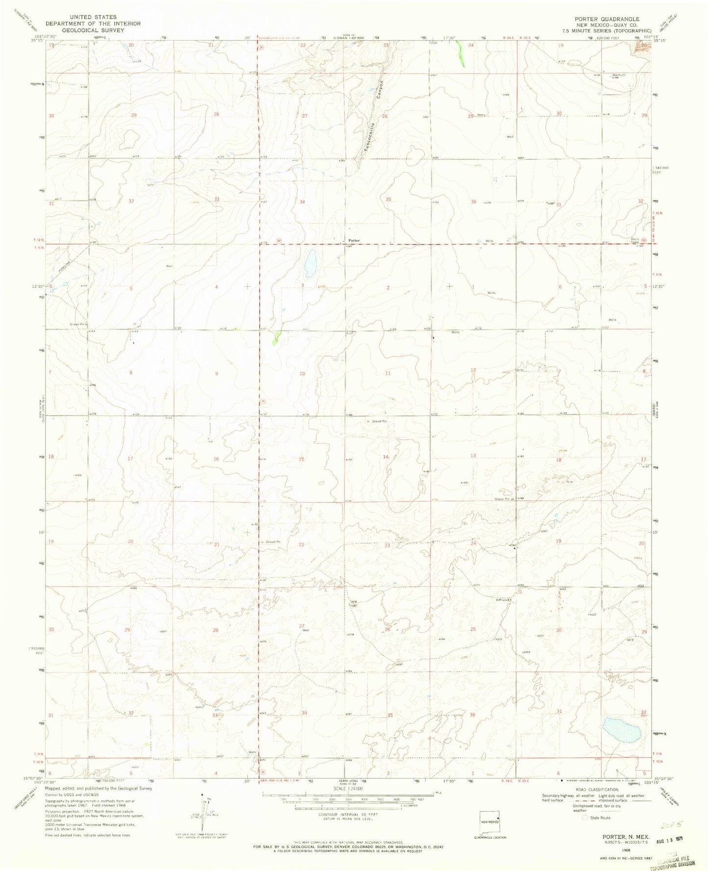 Classic USGS Porter New Mexico 7.5'x7.5' Topo Map Image