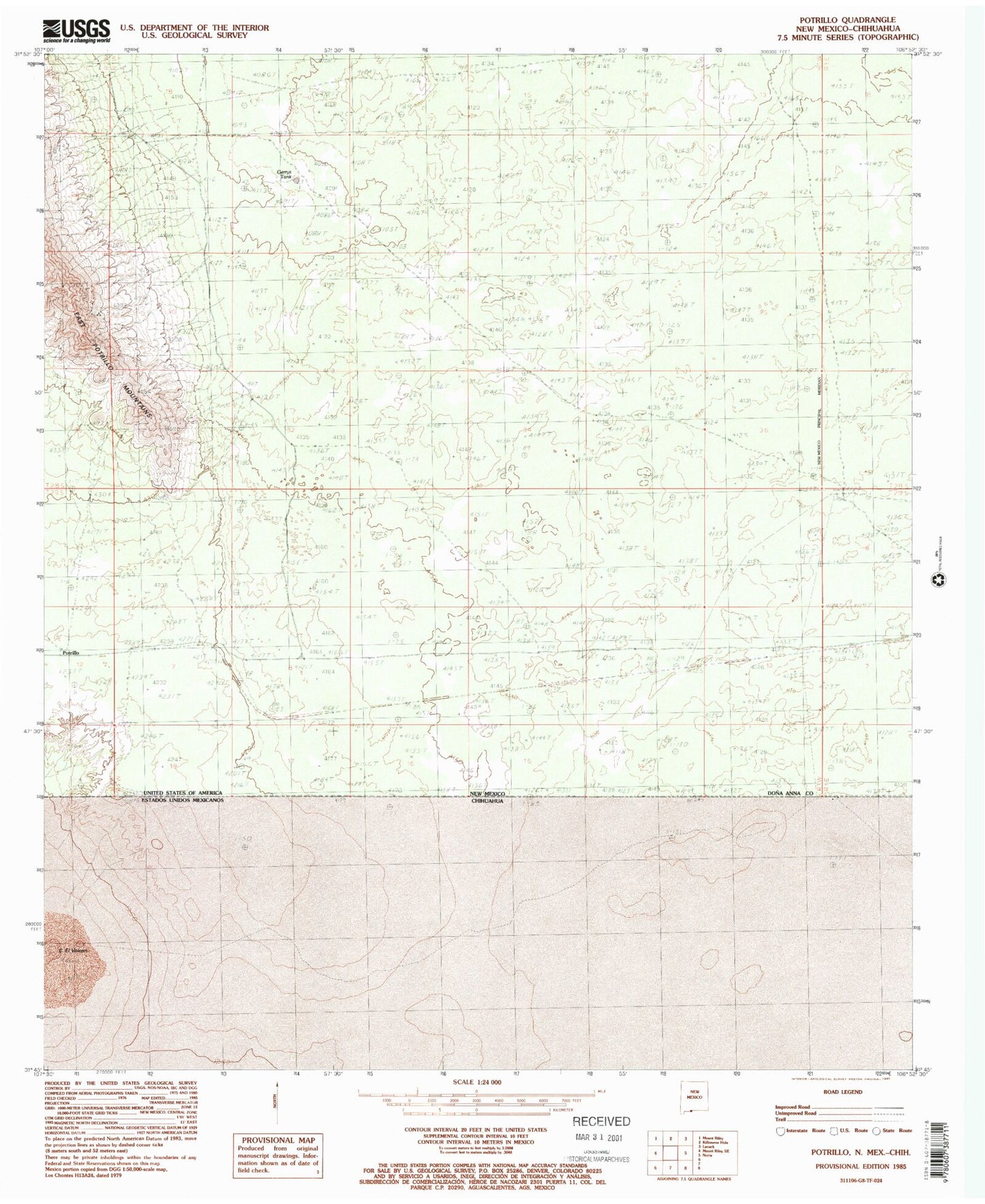 Classic USGS Potrillo New Mexico 7.5'x7.5' Topo Map Image