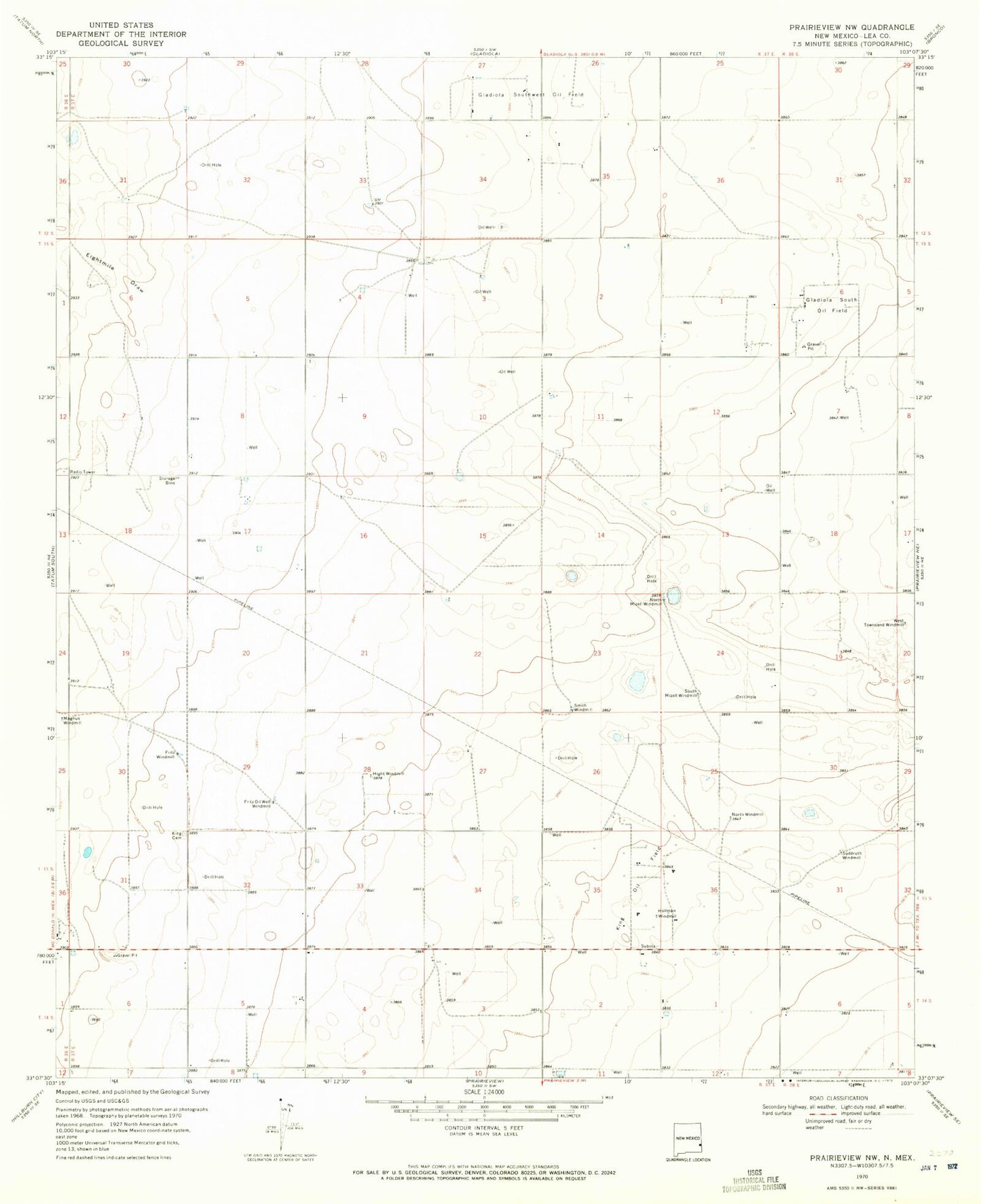 Classic USGS Prairieview NW New Mexico 7.5'x7.5' Topo Map Image
