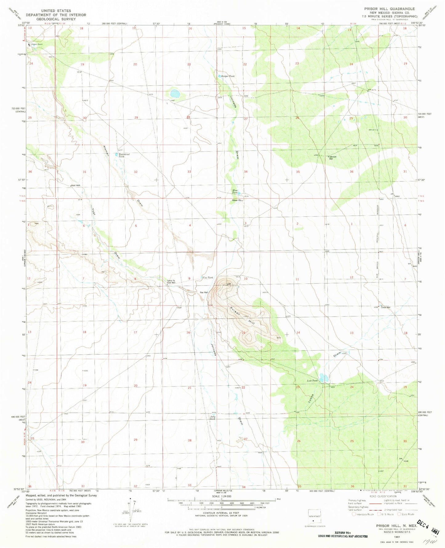 Classic USGS Prisor Hill New Mexico 7.5'x7.5' Topo Map Image