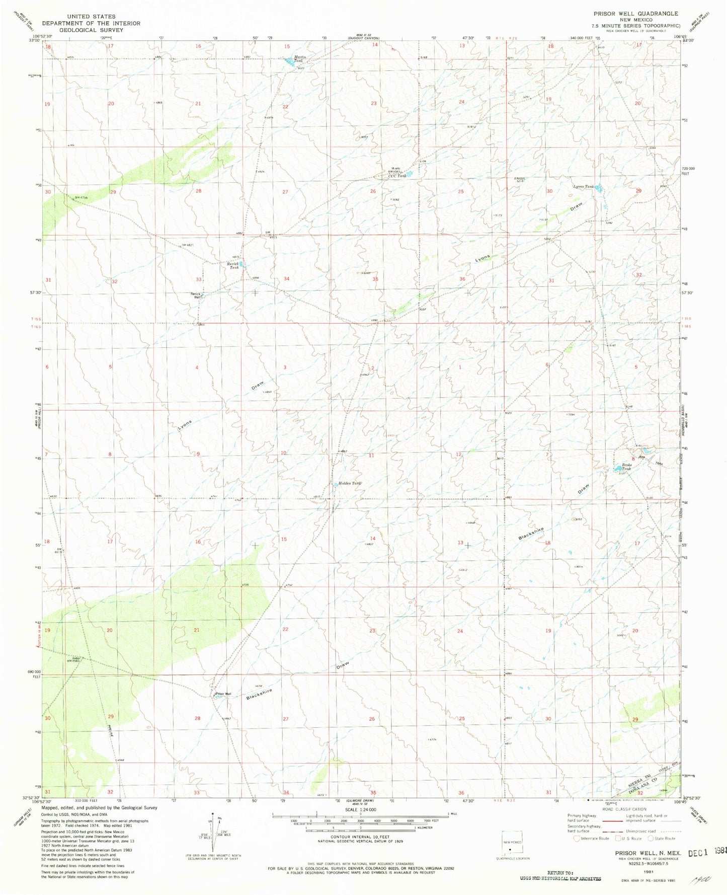 Classic USGS Prisor Well New Mexico 7.5'x7.5' Topo Map Image