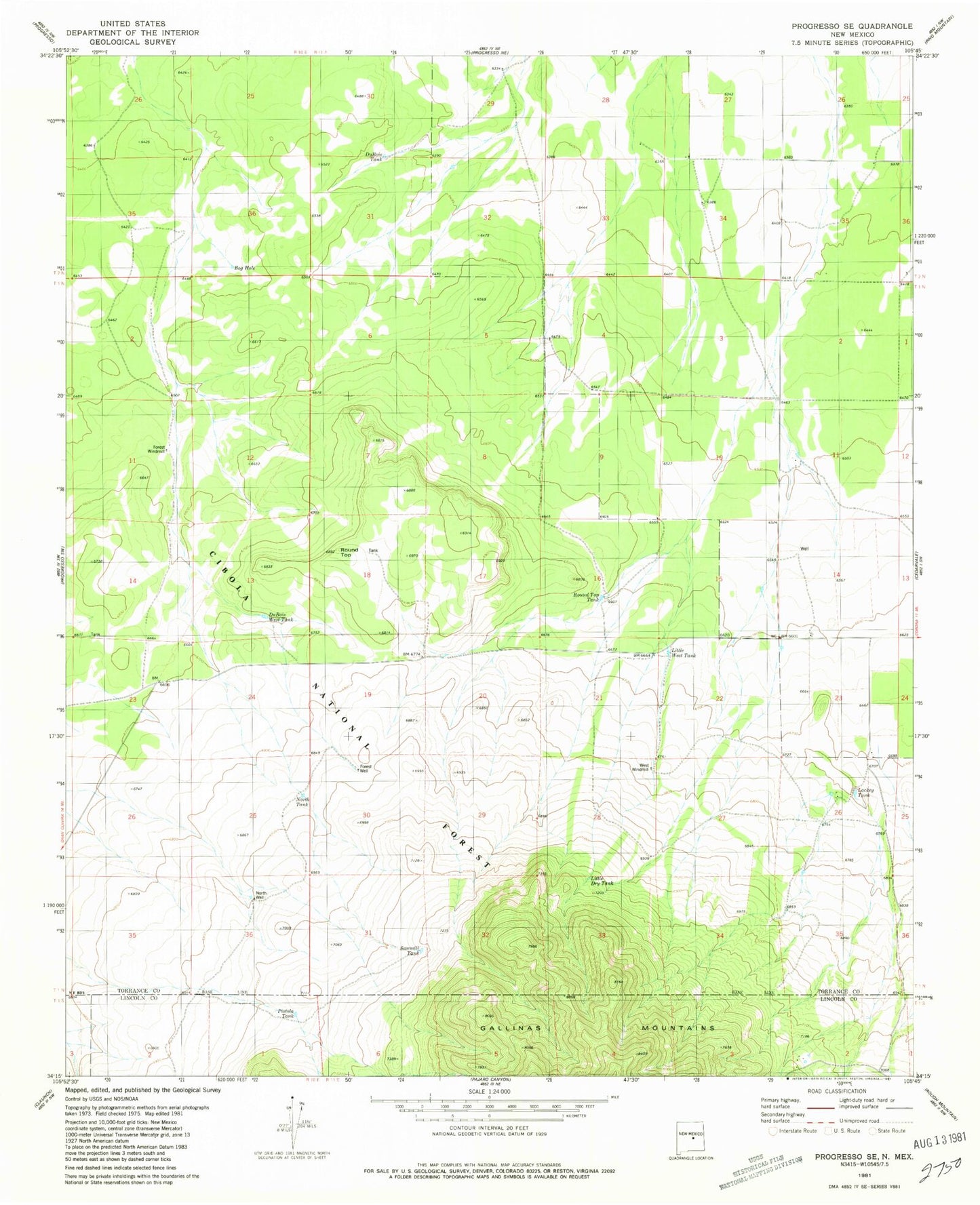 Classic USGS Progresso SE New Mexico 7.5'x7.5' Topo Map Image