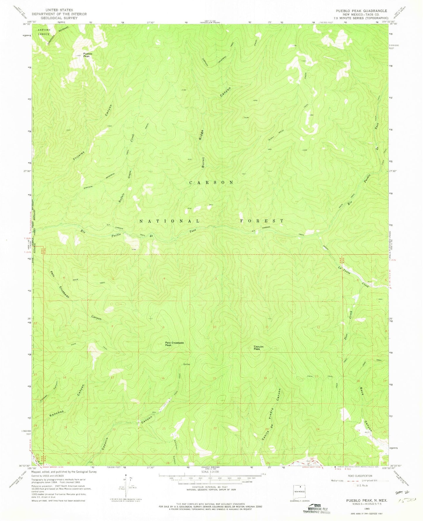 Classic USGS Pueblo Peak New Mexico 7.5'x7.5' Topo Map Image