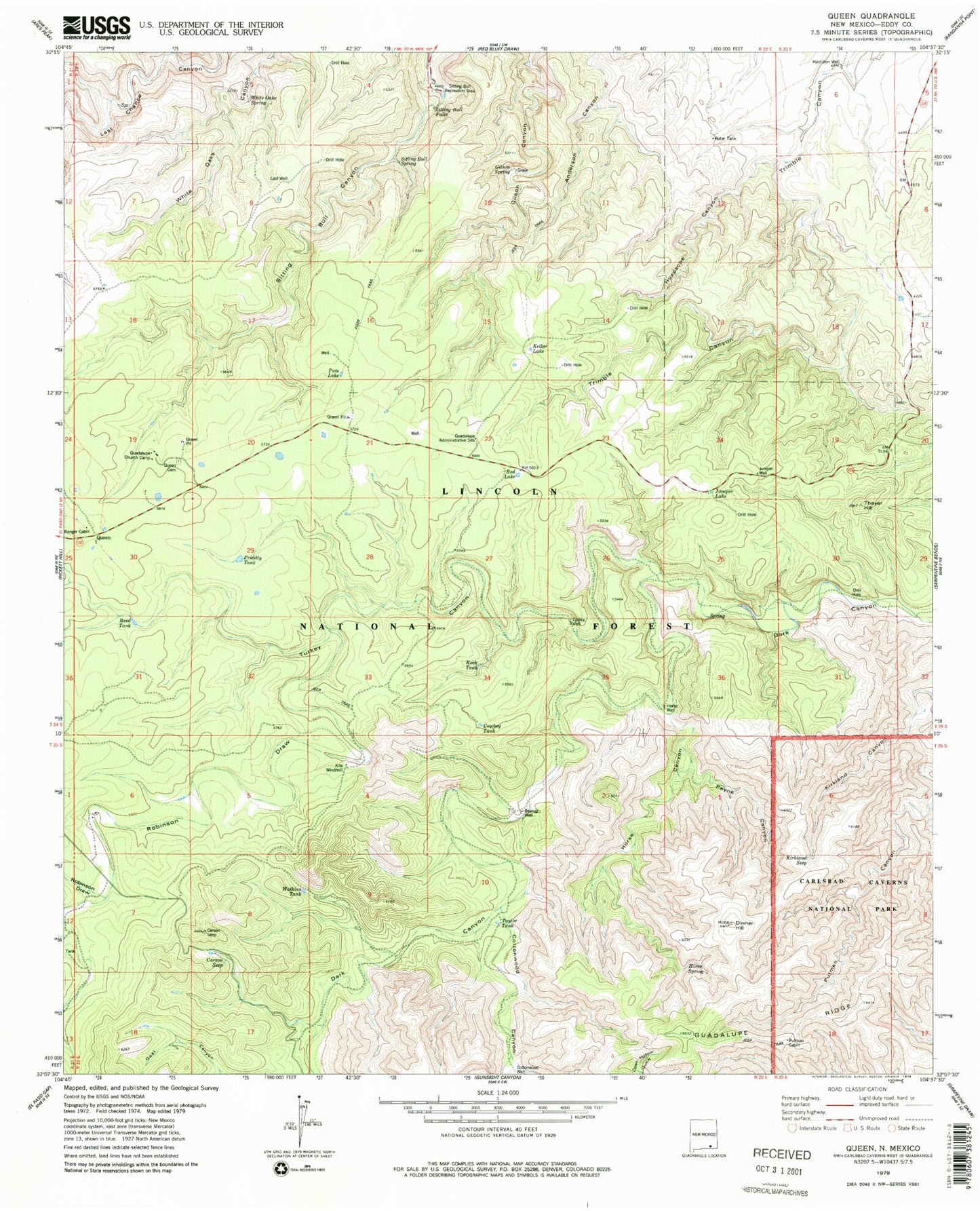 Classic USGS Queen New Mexico 7.5'x7.5' Topo Map Image