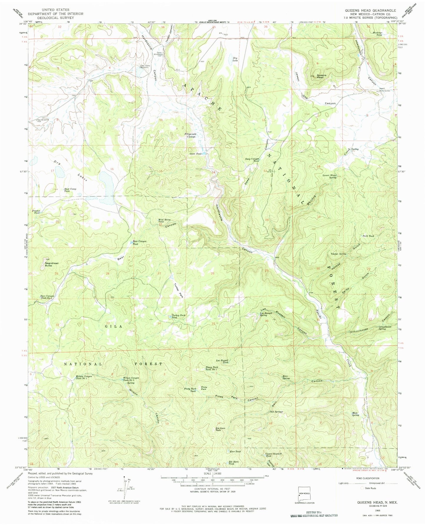 Classic USGS Queens Head New Mexico 7.5'x7.5' Topo Map Image