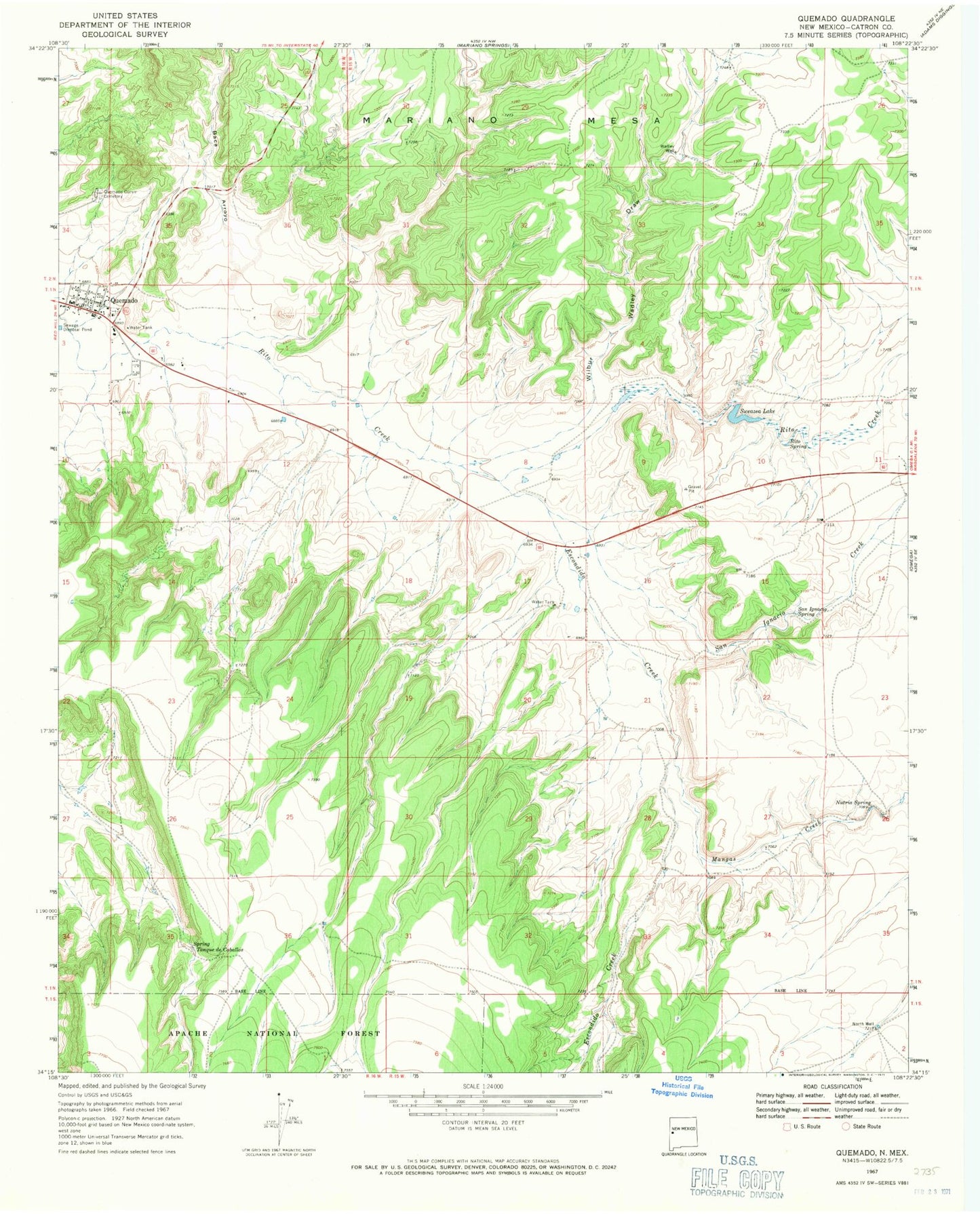 Classic USGS Quemado New Mexico 7.5'x7.5' Topo Map Image