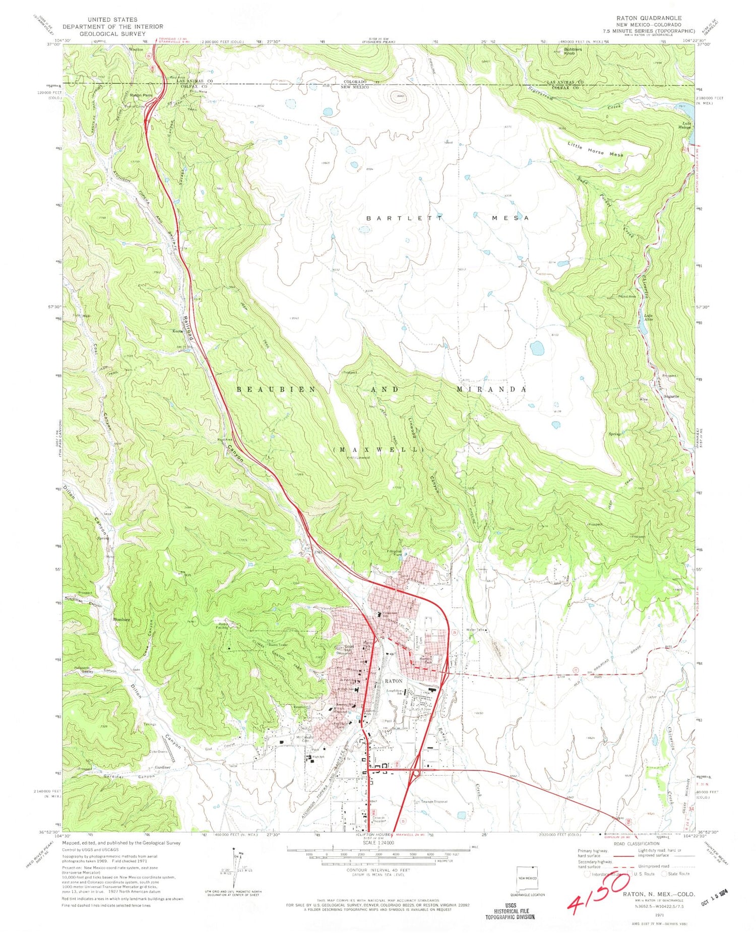 Classic USGS Raton New Mexico 7.5'x7.5' Topo Map Image