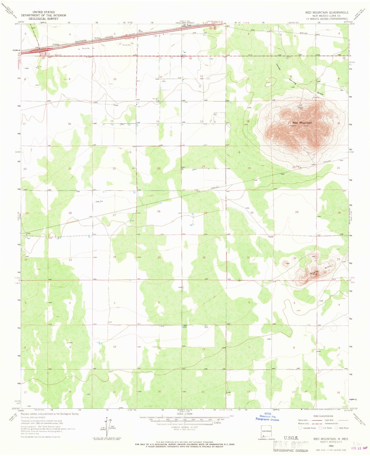 Classic USGS Red Mountain New Mexico 7.5'x7.5' Topo Map Image