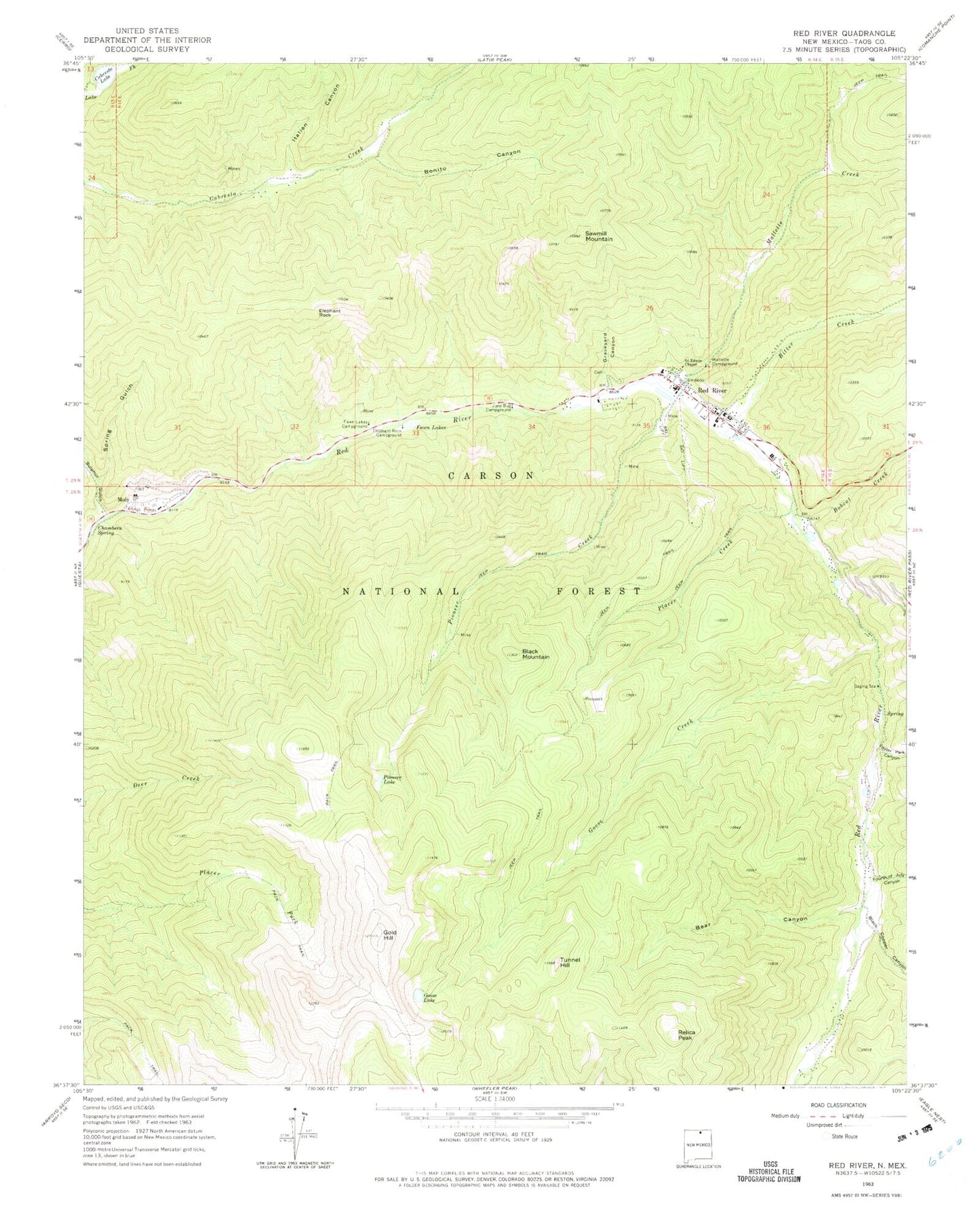 Classic USGS Red River New Mexico 7.5'x7.5' Topo Map Image