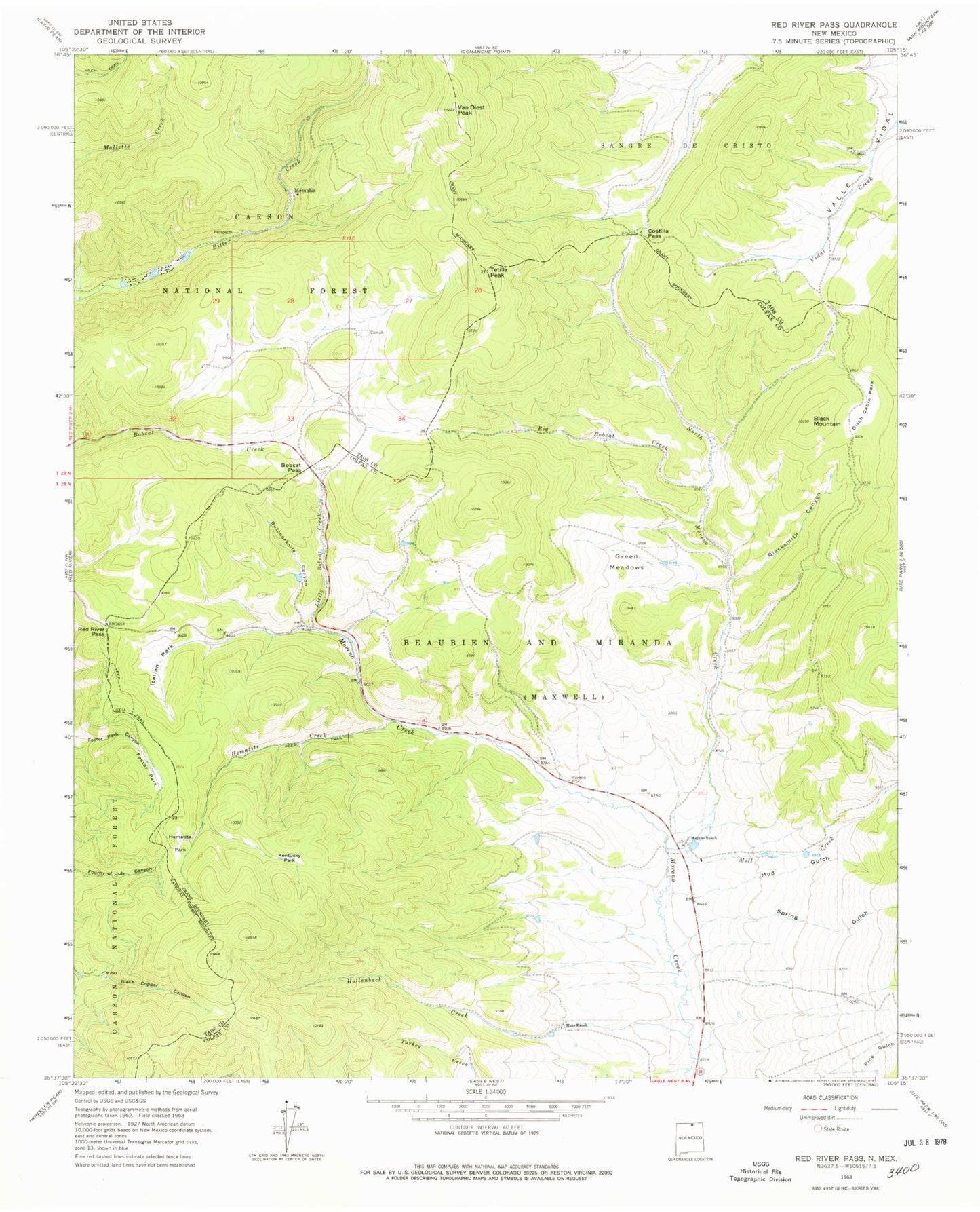 Classic USGS Red River Pass New Mexico 7.5'x7.5' Topo Map Image